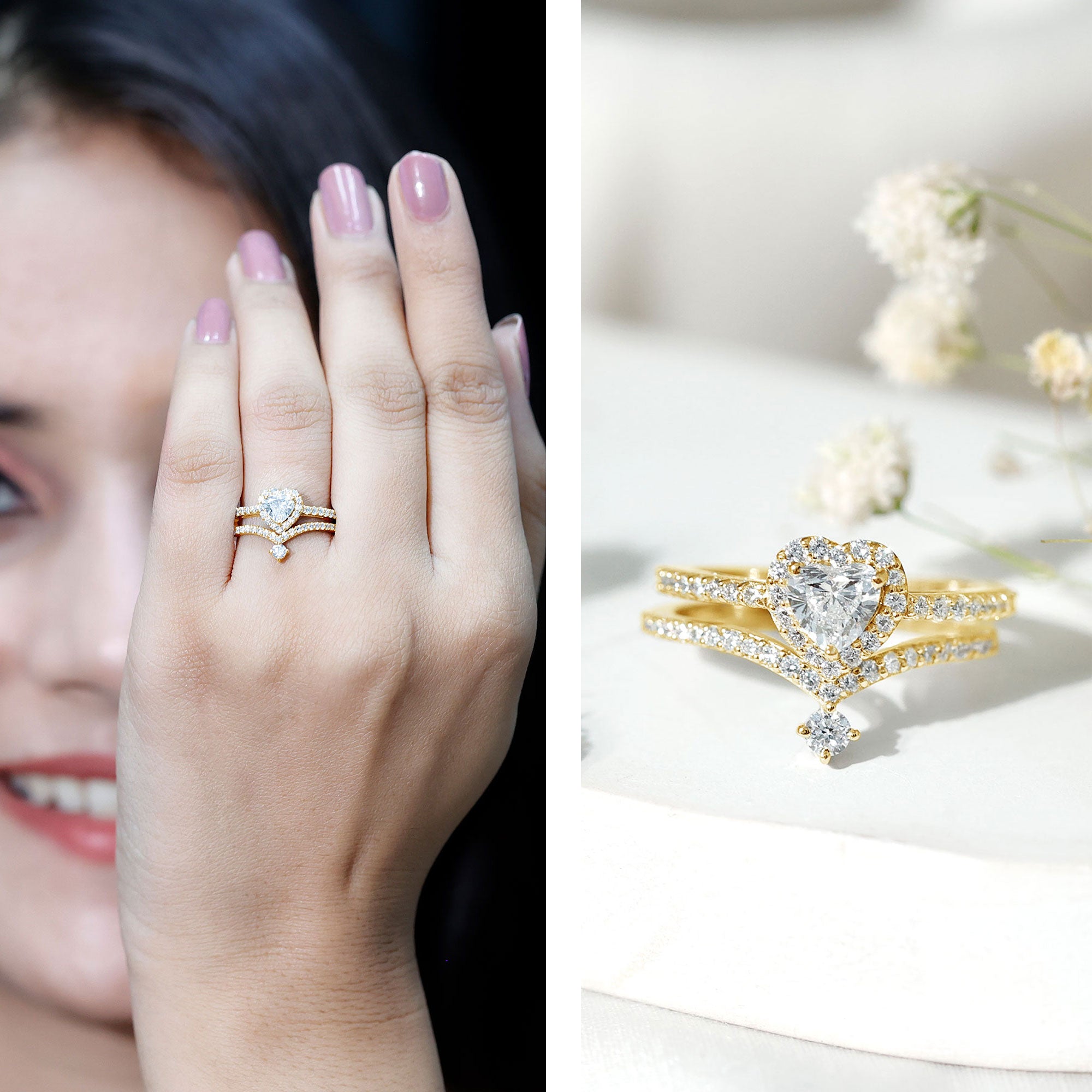 Certified 5 MM Lab Grown Diamond Heart Bridal Ring Set Lab - ( EF-VS ) - Rosec Jewels