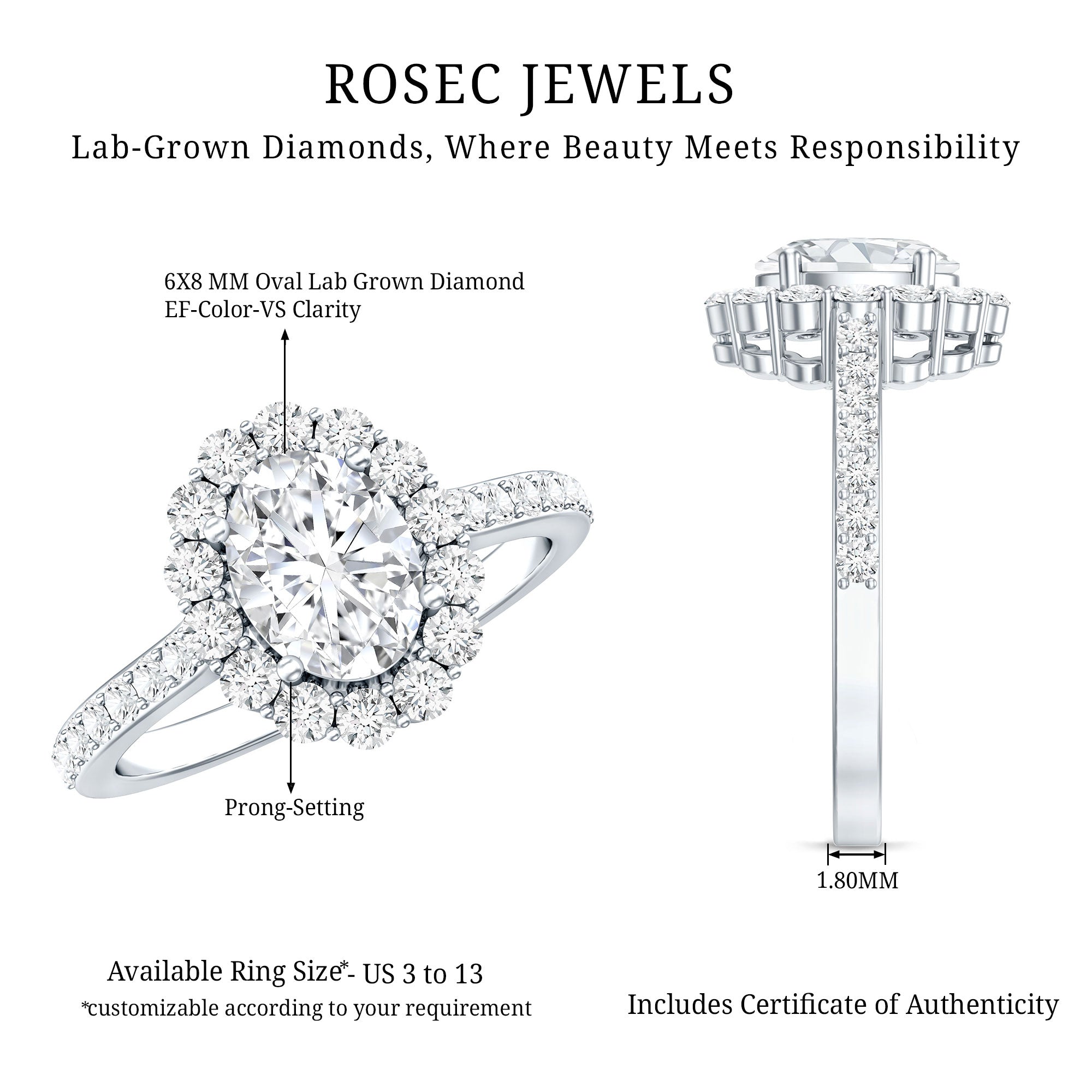 Rosec Jewels-Lab Grown Diamond 6X8MM Oval Halo Engagement Ring With Side Stones