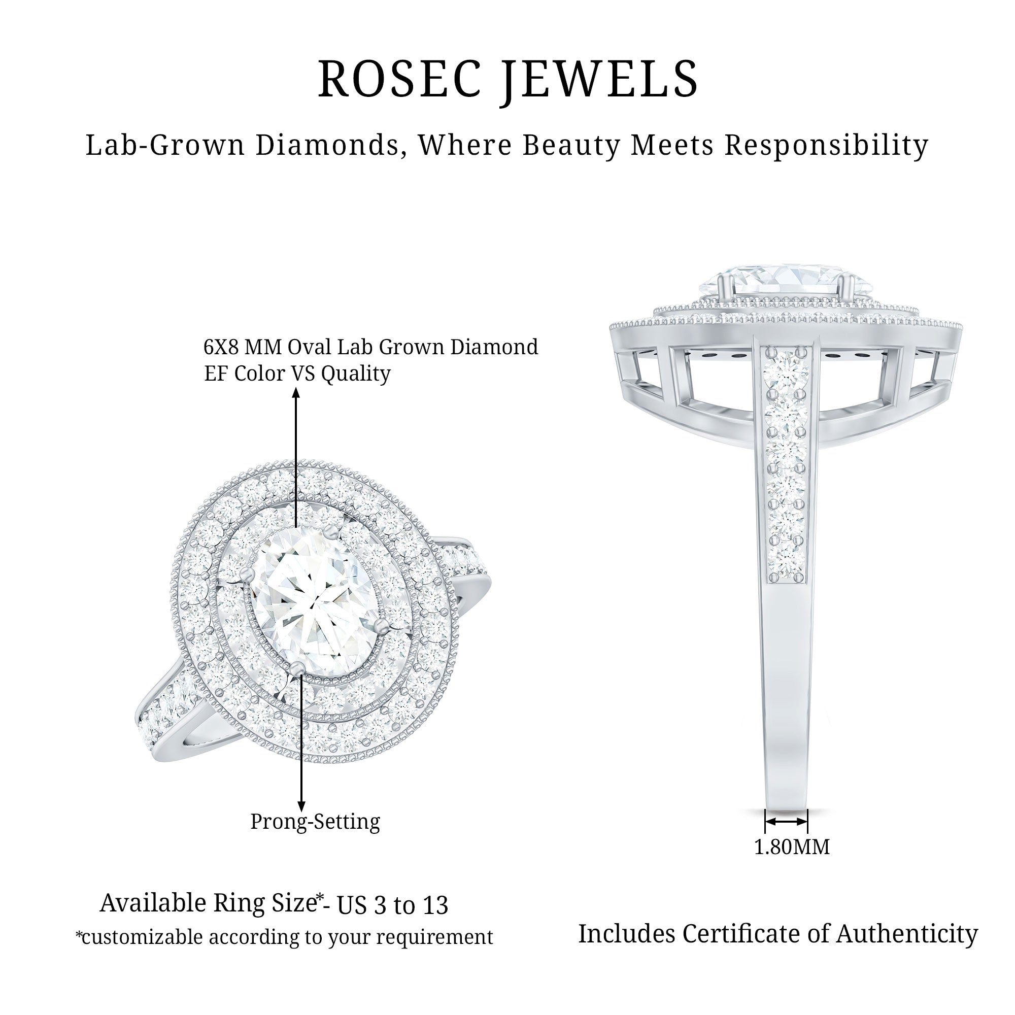 Certified 6X8 MM Oval Lab Grown Diamond Double Halo Engagement Ring Lab - ( EF-VS ) - Rosec Jewels