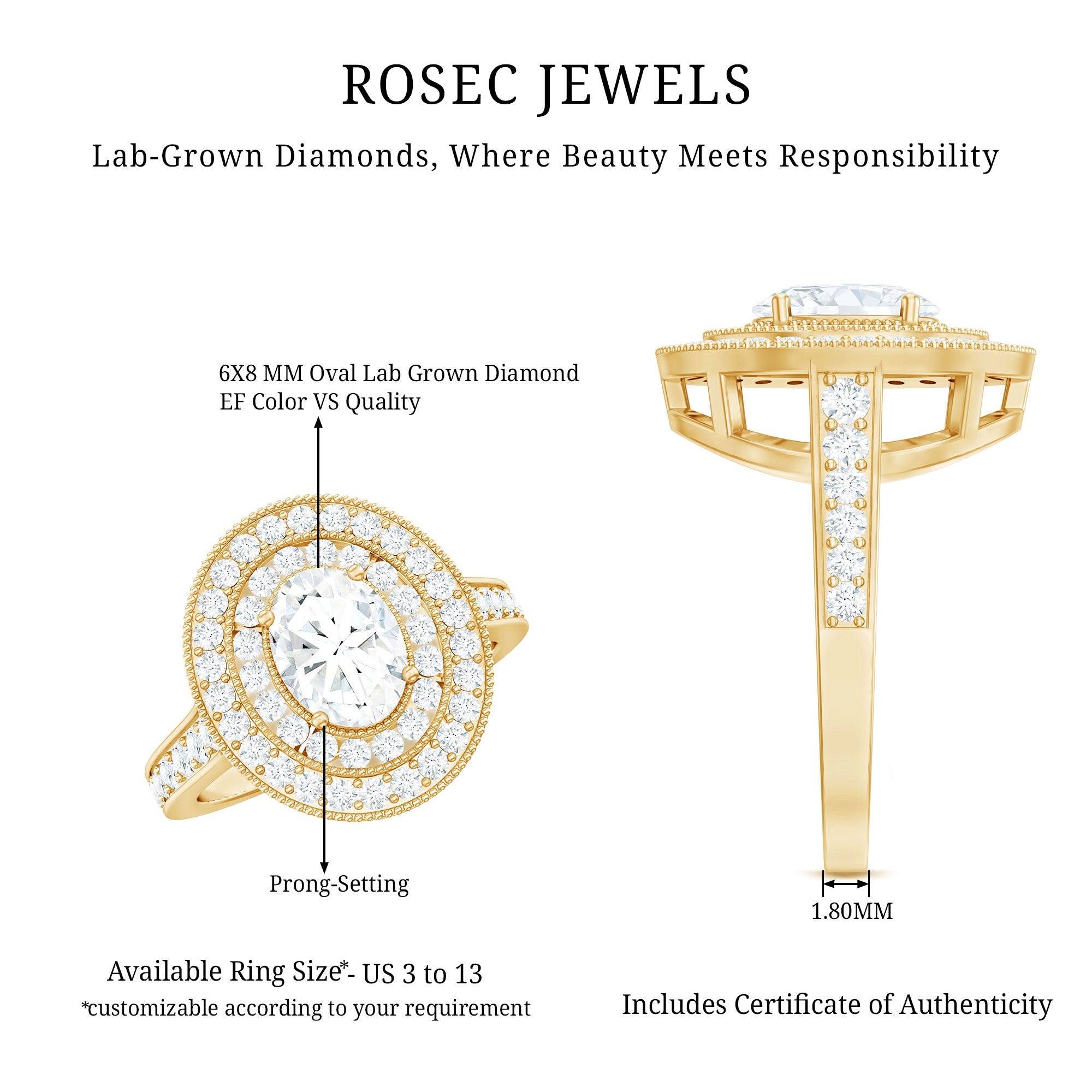 Certified 6X8 MM Oval Lab Grown Diamond Double Halo Engagement Ring Lab - ( EF-VS ) - Rosec Jewels