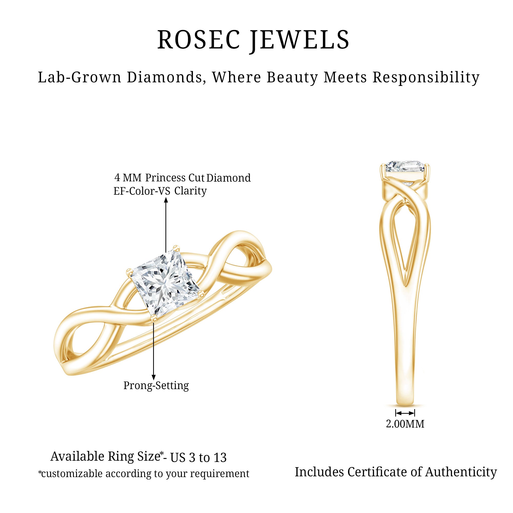 Certified Lab Princess Cut Diamond Infinity Promise Ring Lab - ( EF-VS ) - Rosec Jewels