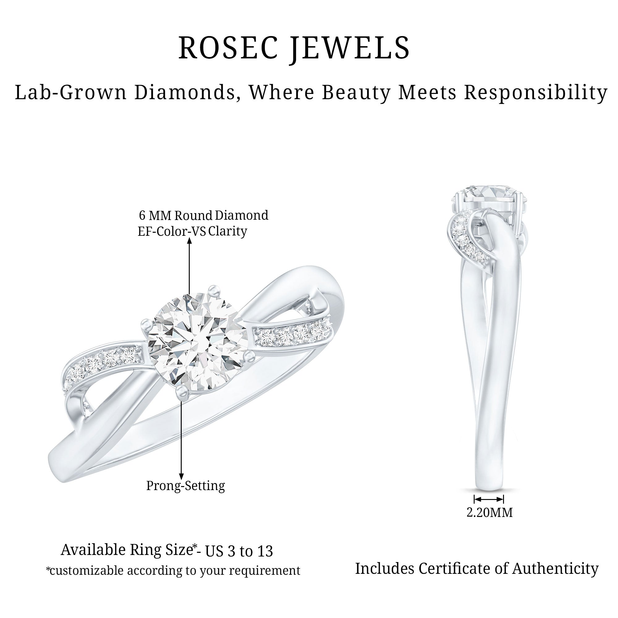 Certified 6 MM Lab Grown Diamond Prong Set Twisted Engagement Ring Lab - ( EF-VS ) - Rosec Jewels