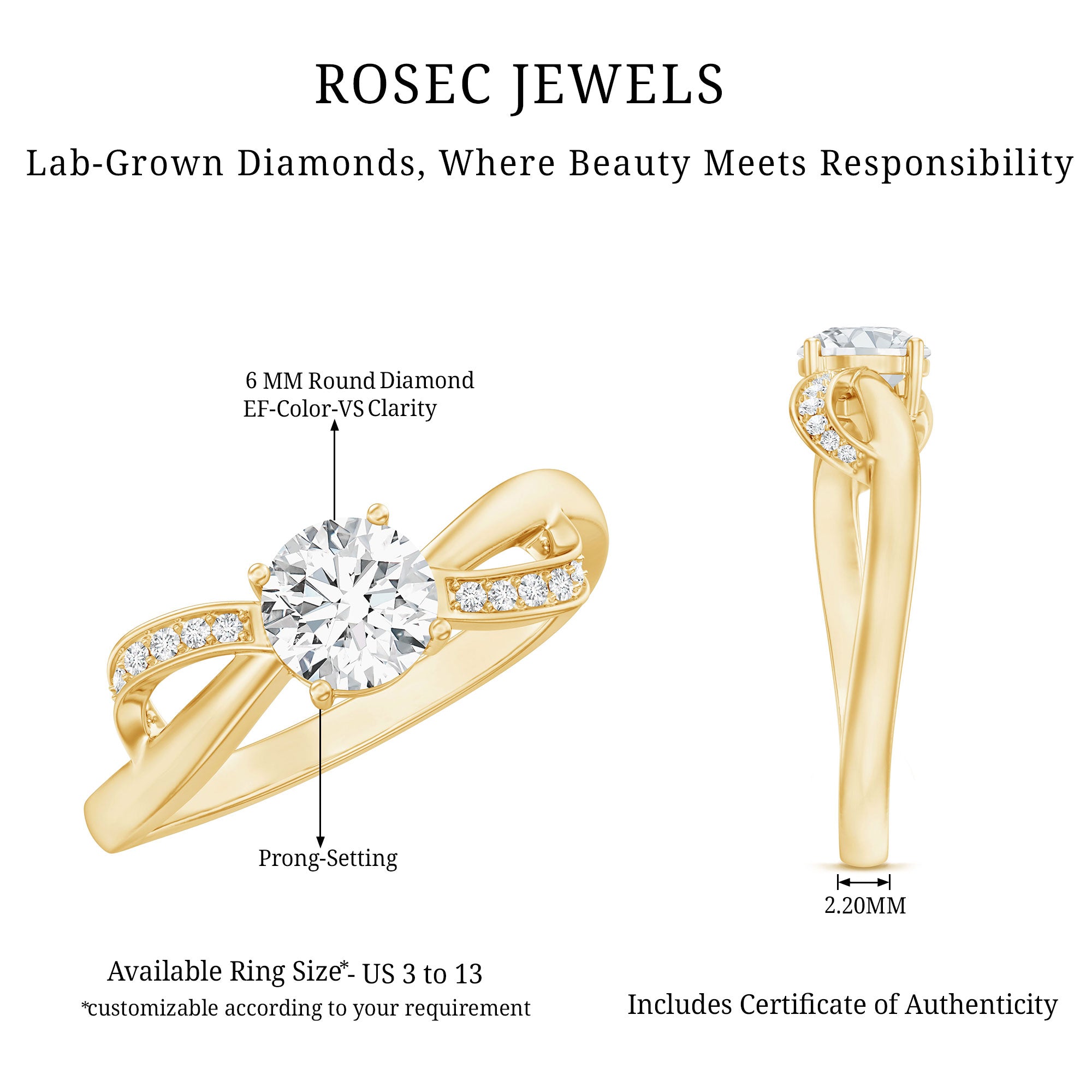 Certified 6 MM Lab Grown Diamond Prong Set Twisted Engagement Ring Lab - ( EF-VS ) - Rosec Jewels