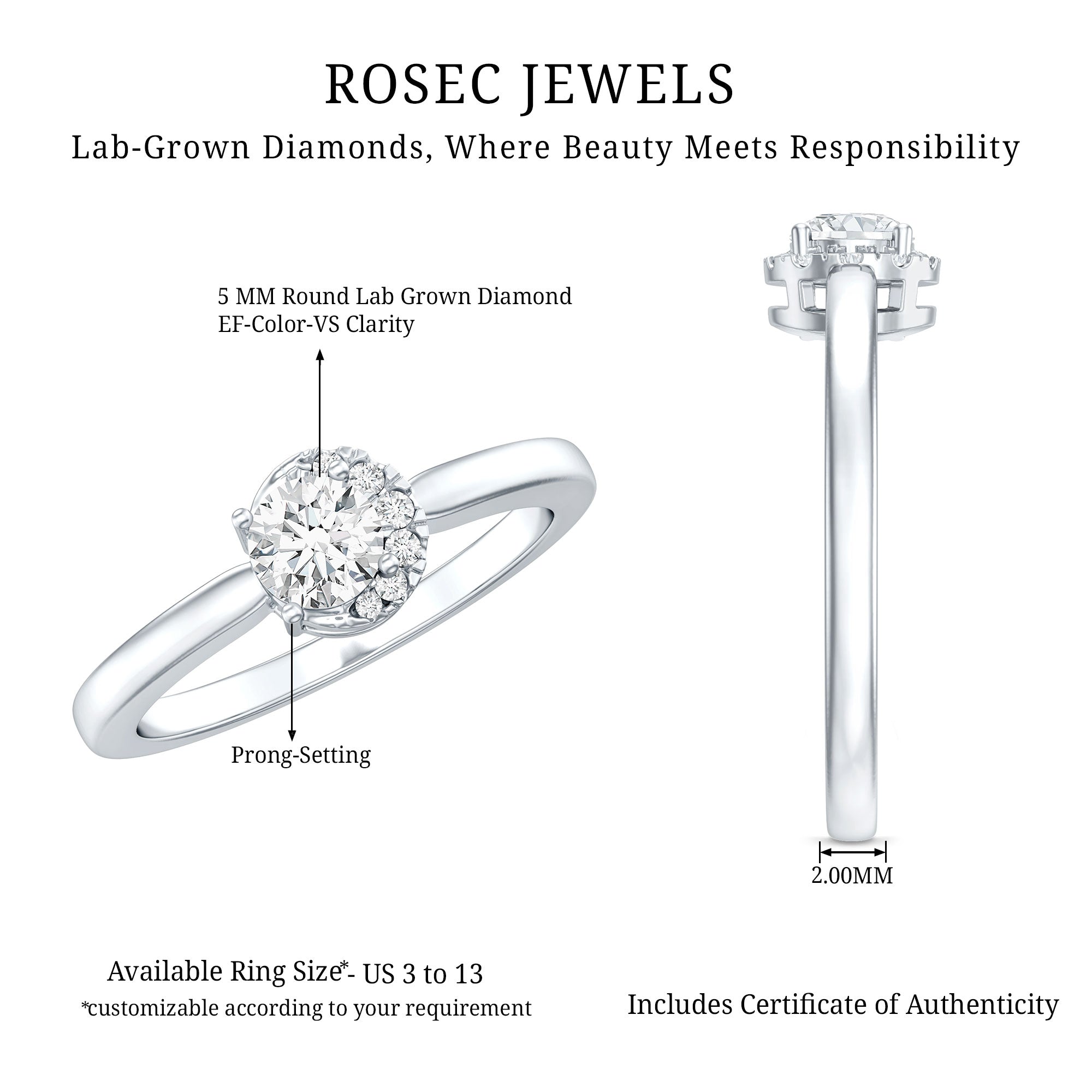 Rosec Jewels-5 MM Certified Lab Grown Diamond Solitaire Promise Ring