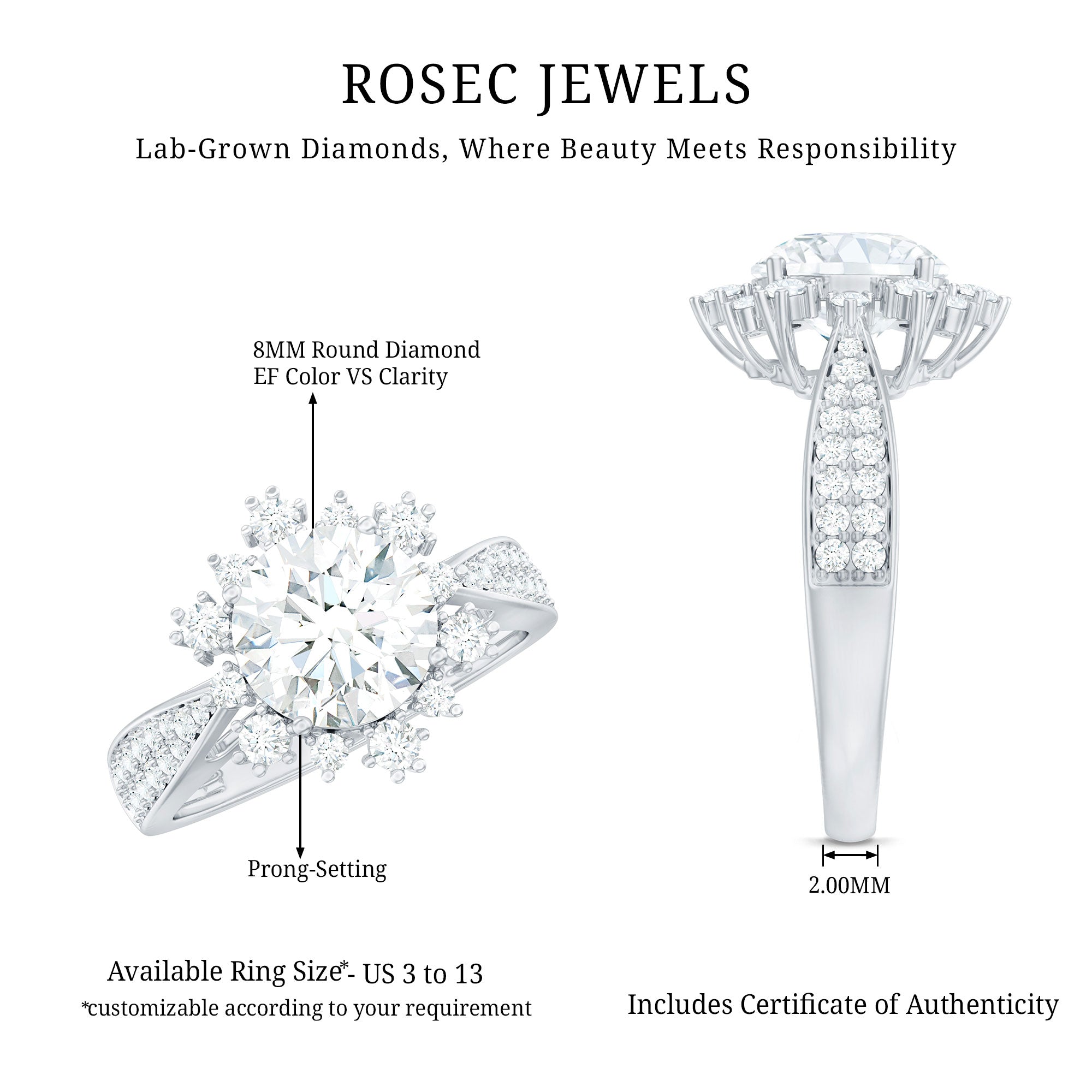 2 Carat Lab Grown Diamond Non Traditional Engagement Ring with IGI Certificate Lab - ( E-VS1 ) - Rosec Jewels