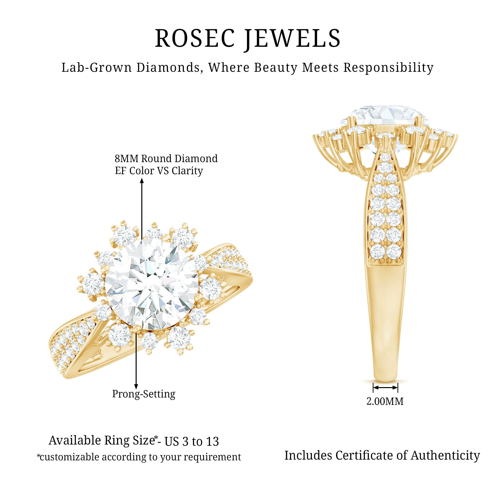 2 Carat Lab Grown Diamond Non Traditional Engagement Ring with IGI Certificate Lab - ( E-VS1 ) - Rosec Jewels