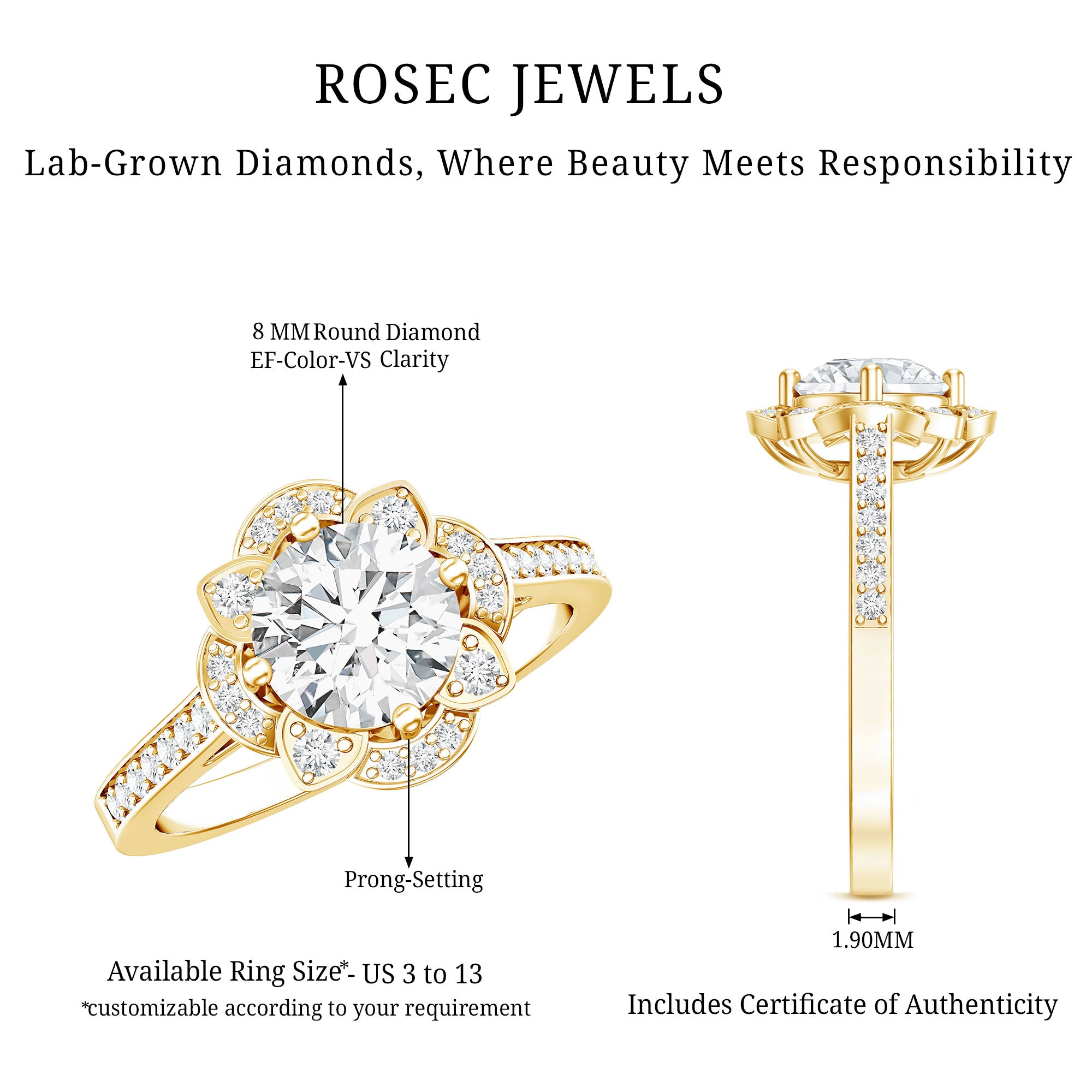 8 MM Lab Grown Diamond Vintage Engagement Ring With Diamond Studded Shank Lab - ( EF-VS ) - Rosec Jewels