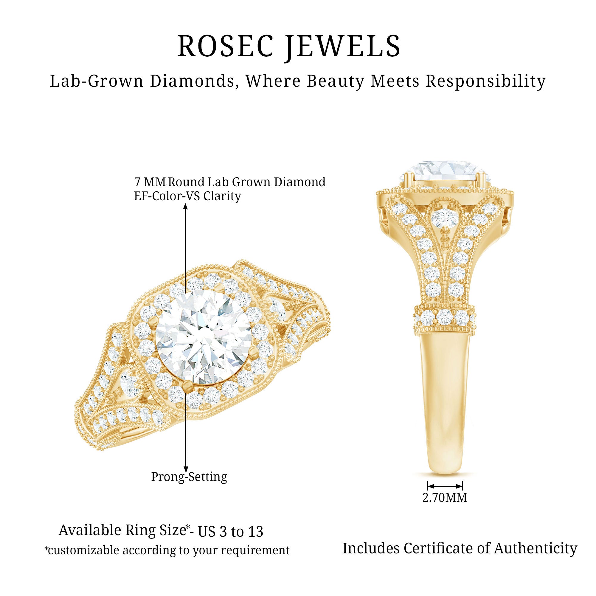 Rosec Jewels-Certified 7 MM Lab Grown Diamond Vintage Style Engagement Ring