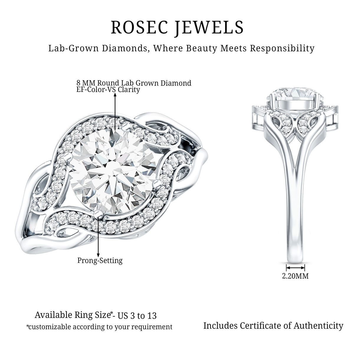2 Carat Lab Grown Diamond Art Deco Engagement Ring Lab - ( EF-VS ) - Rosec Jewels