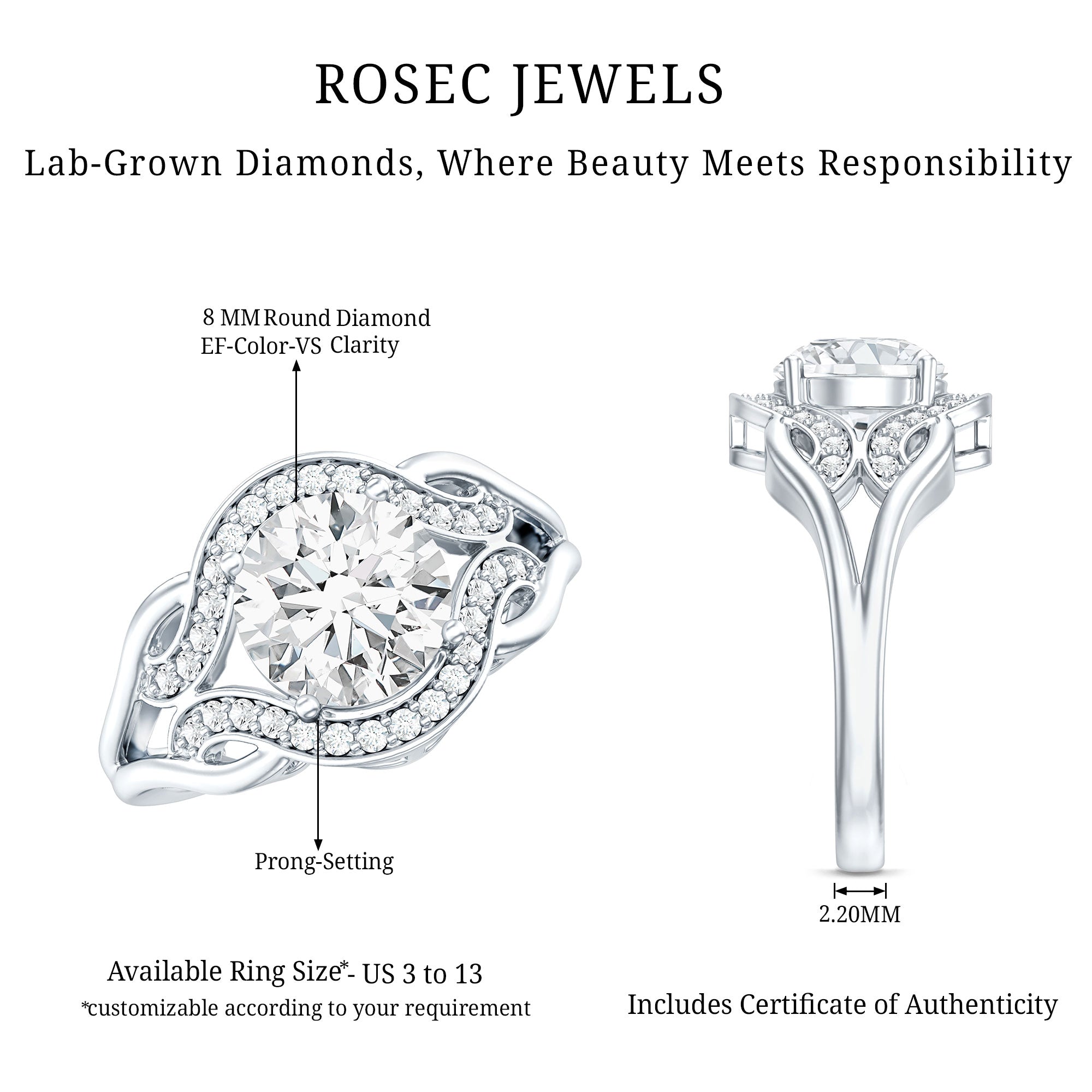 2 Carat Lab Grown Diamond Art Deco Engagement Ring Lab - ( EF-VS ) - Rosec Jewels