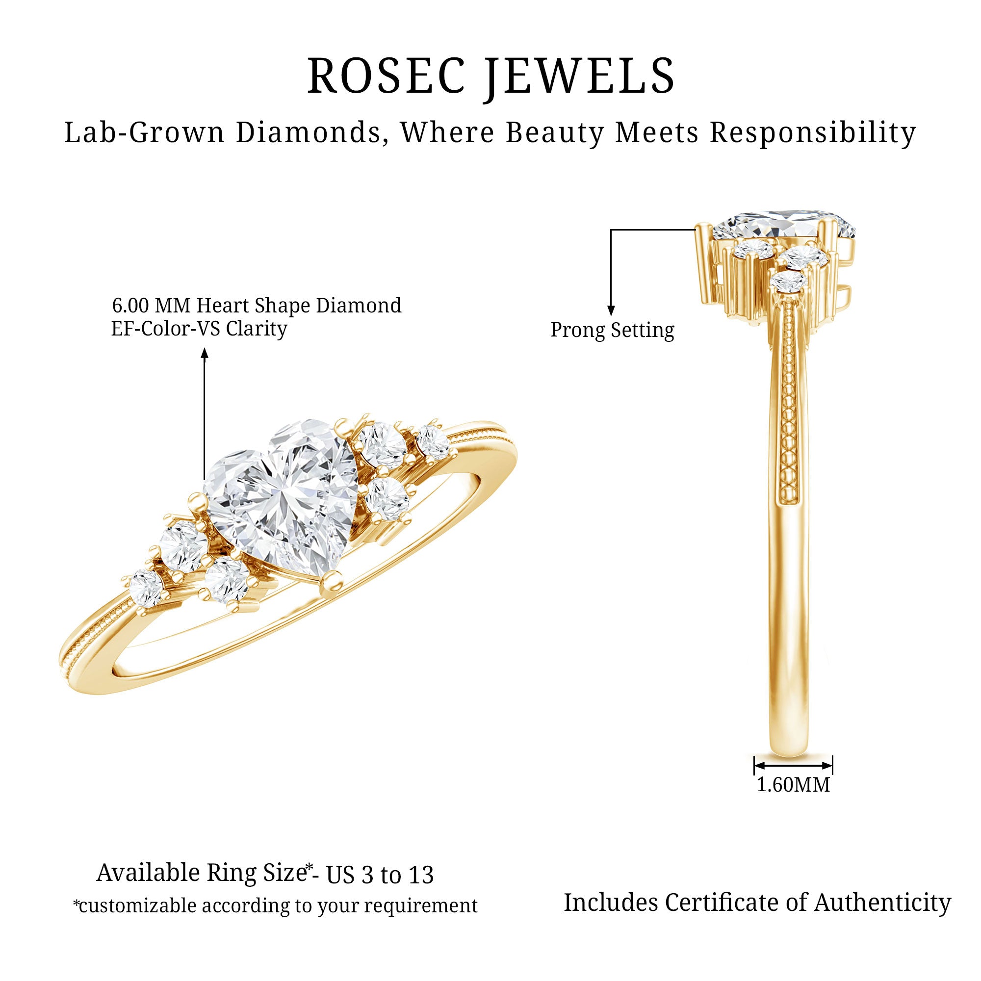Lab Grown Diamond 6 MM Heart Shaped Engagement Ring Lab - ( EF-VS ) - Rosec Jewels