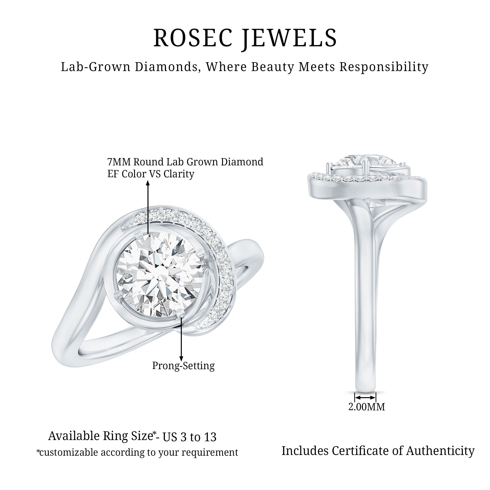 Rosec Jewels-7 MM Lab Grown Diamond Unique Engagement Ring For Her