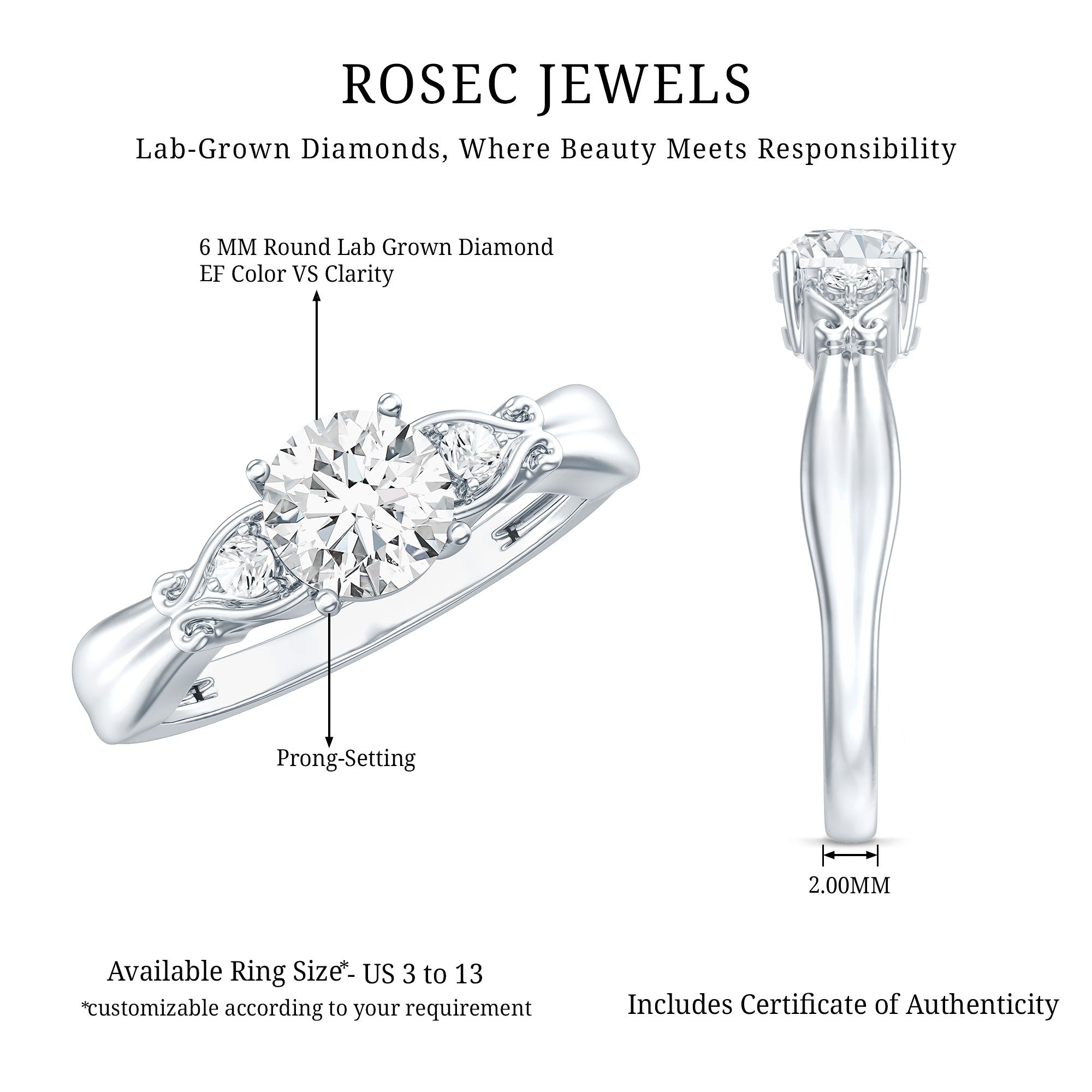 Certified 6 MM Lab Grown Diamond 4 Prong Engagement Ring Lab - ( EF-VS ) - Rosec Jewels
