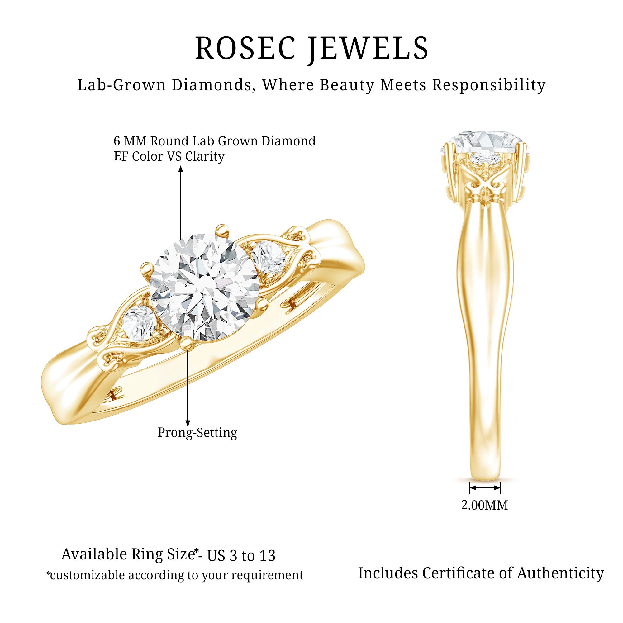 Certified 6 MM Lab Grown Diamond 4 Prong Engagement Ring Lab - ( EF-VS ) - Rosec Jewels