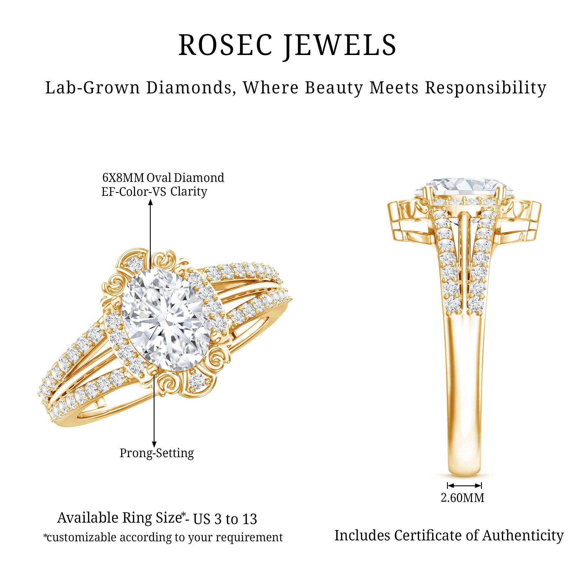 6X8 MM Oval Lab Grown Diamond Vintage Engagement Ring For Women Lab - ( EF-VS ) - Rosec Jewels