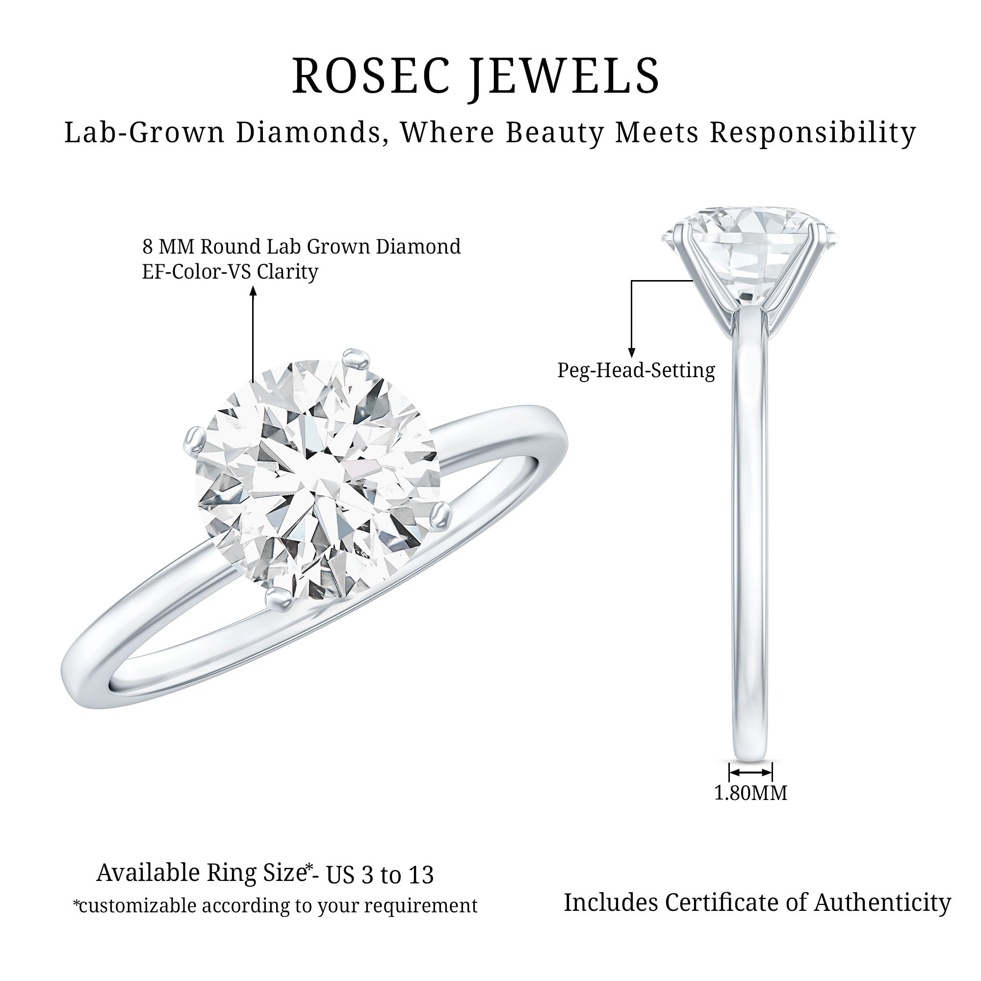 Certified 8 MM Round Lab Grown Diamond 4 Prong Engagement Ring Lab - ( EF-VS ) - Rosec Jewels