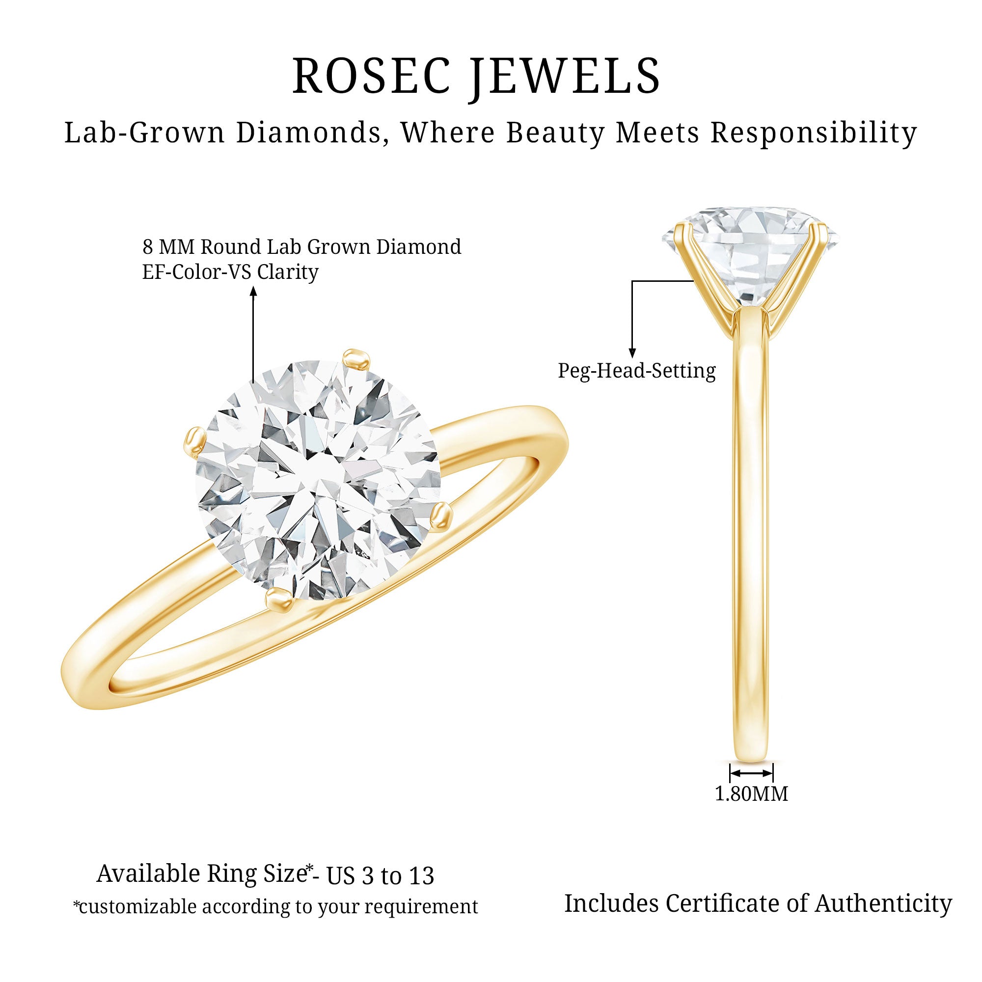 Certified 8 MM Round Lab Grown Diamond 4 Prong Engagement Ring Lab - ( EF-VS ) - Rosec Jewels