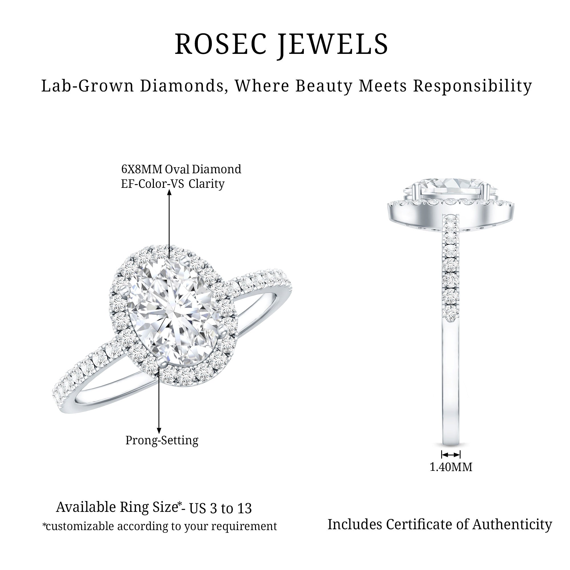 Certified Lab Grown Diamond 6X8 MM Oval Engagement Ring With Side Stones Lab - ( EF-VS ) - Rosec Jewels