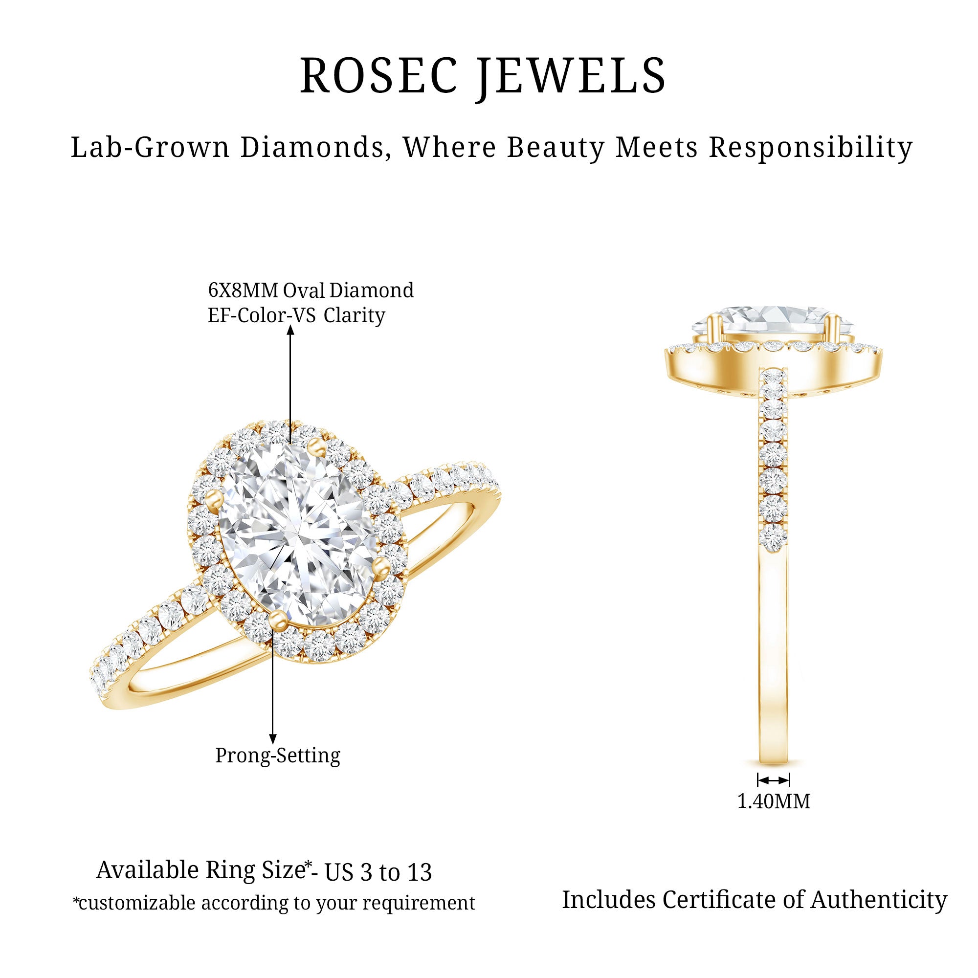 Rosec Jewels-Certified Lab Grown Diamond 6X8 MM Oval Engagement Ring With Side Stones