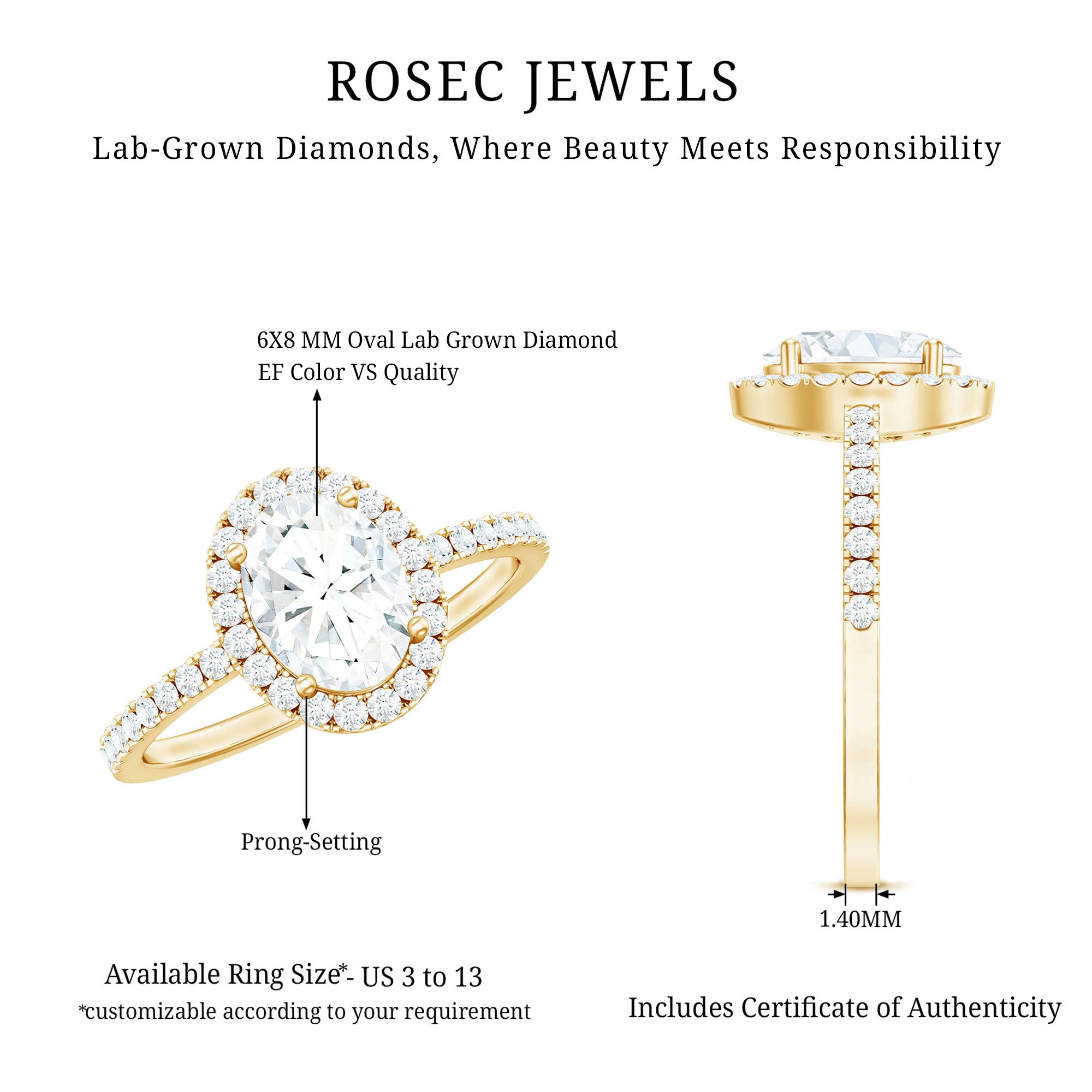 Certified Lab Grown Diamond 6X8 MM Oval Engagement Ring With Side Stones Lab - ( EF-VS ) - Rosec Jewels