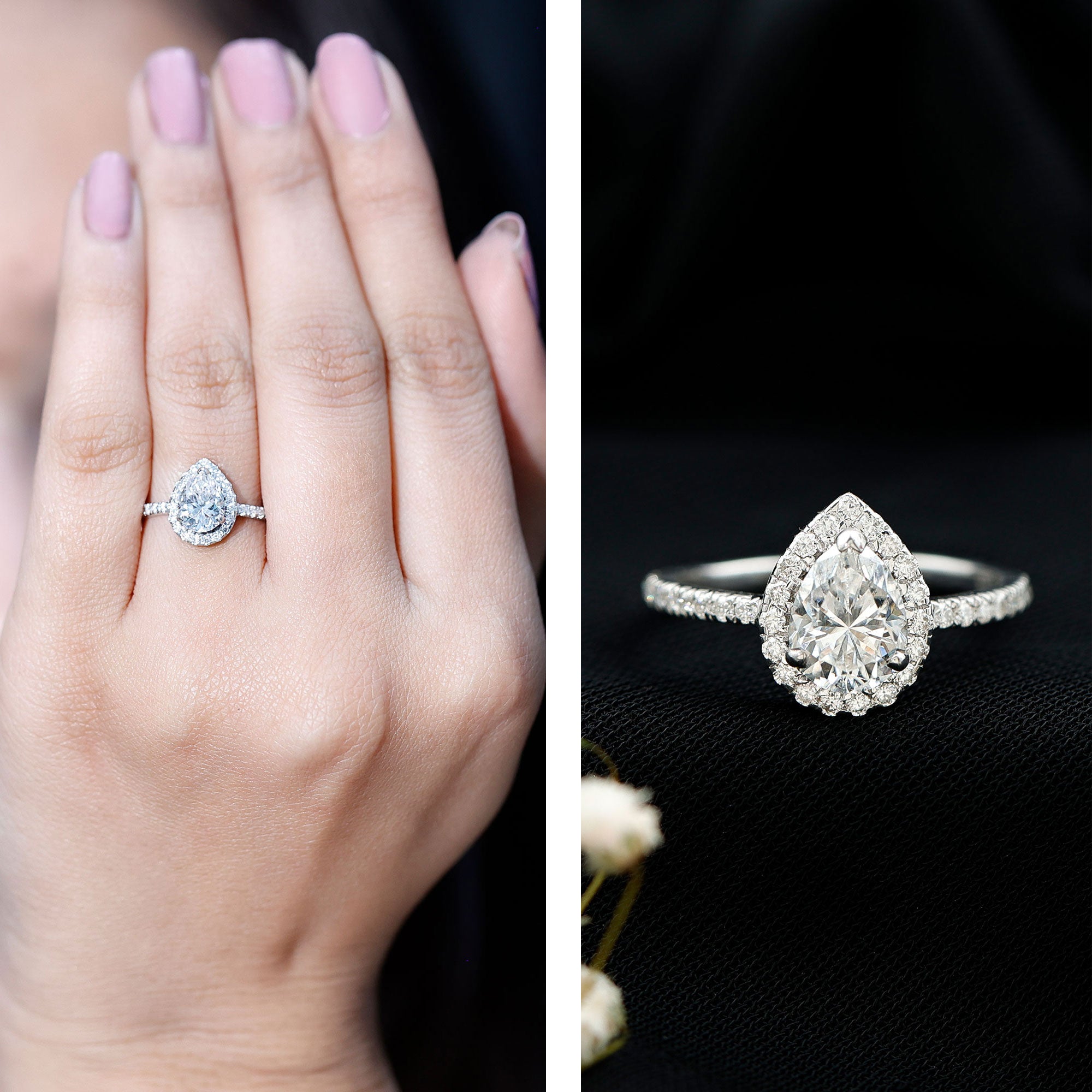 Certified Lab Grown Diamond Pear Halo Engagement Ring Lab - ( EF-VS ) - Rosec Jewels