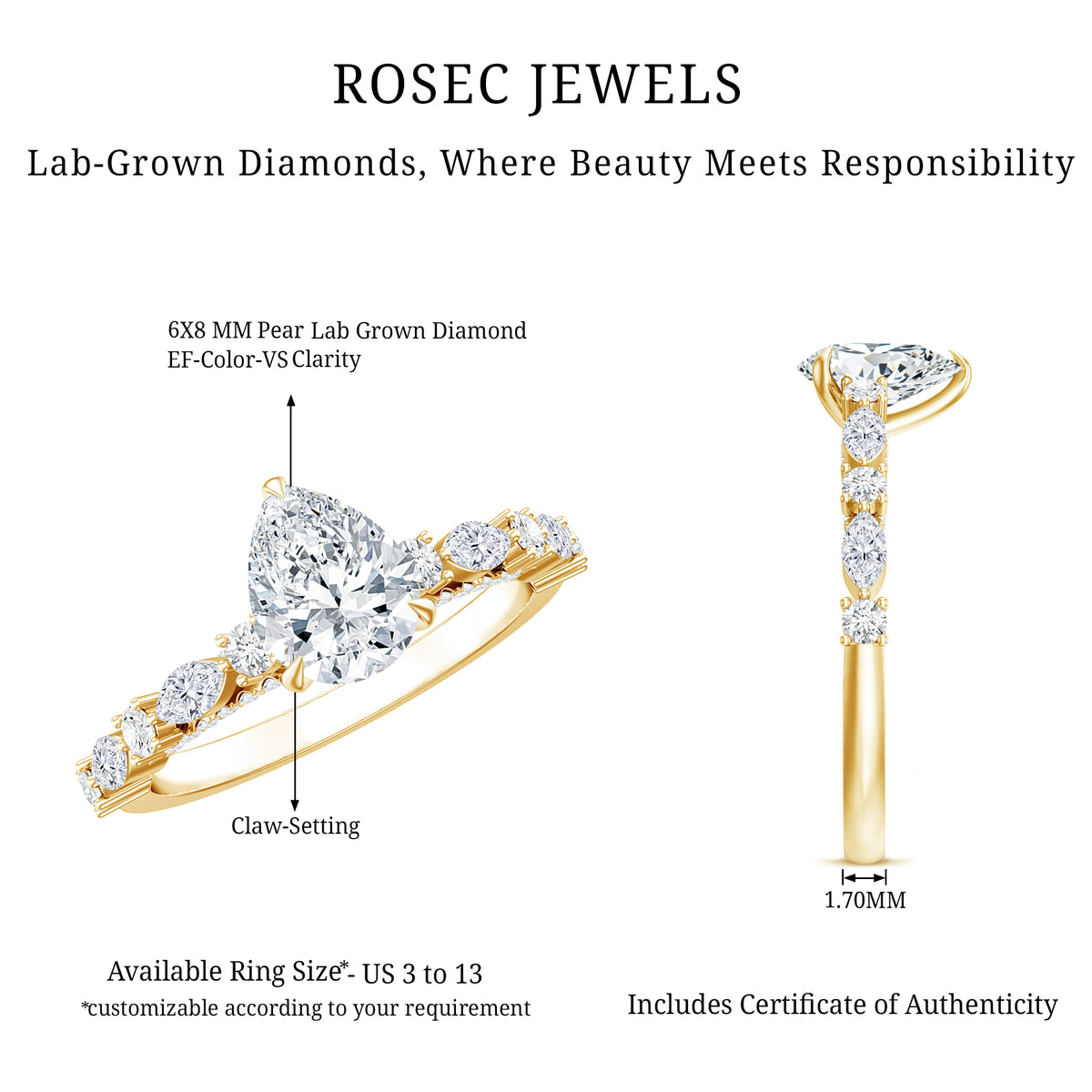 1.3 Carat Certified Lab Grown Diamond Pear Shaped Engagement Ring Lab - ( EF-VS ) - Rosec Jewels
