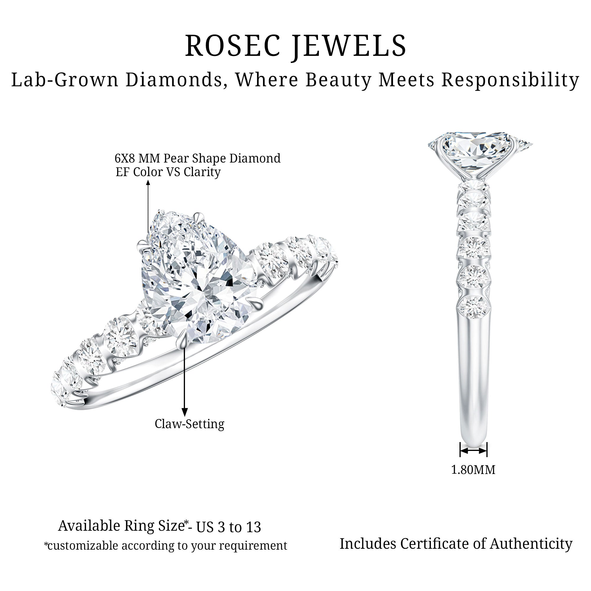 1 CT Pear Cut Lab Grown Diamond Engagement Ring for Women Lab - ( EF-VS ) - Rosec Jewels