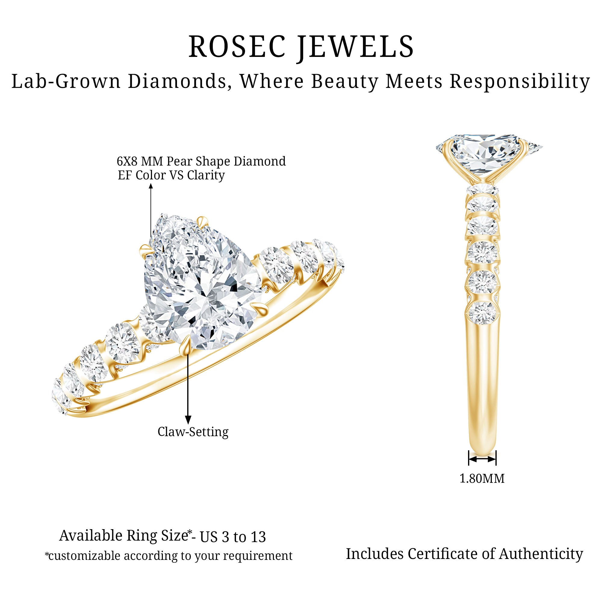 1 CT Pear Cut Lab Grown Diamond Engagement Ring for Women Lab - ( EF-VS ) - Rosec Jewels
