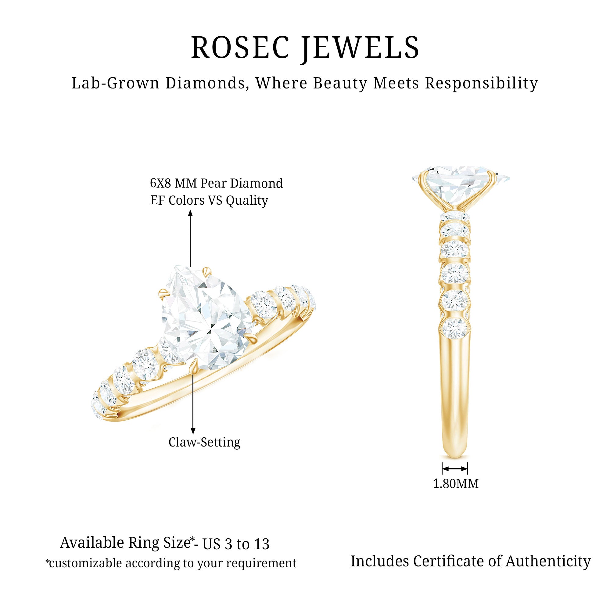 Rosec Jewels-1 CT Pear Cut Lab Grown Diamond Engagement Ring for Women