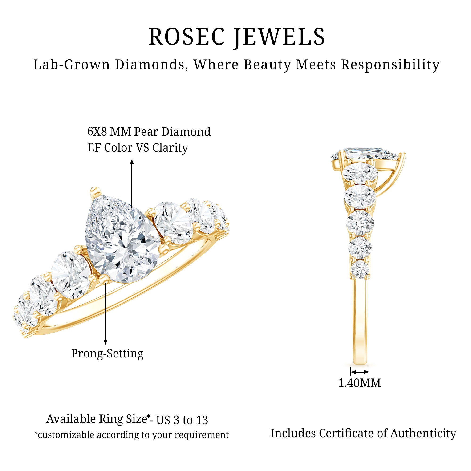 Certified Diamond Teardrop Engagement Ring with Sides Stones Lab - ( EF-VS ) - Rosec Jewels
