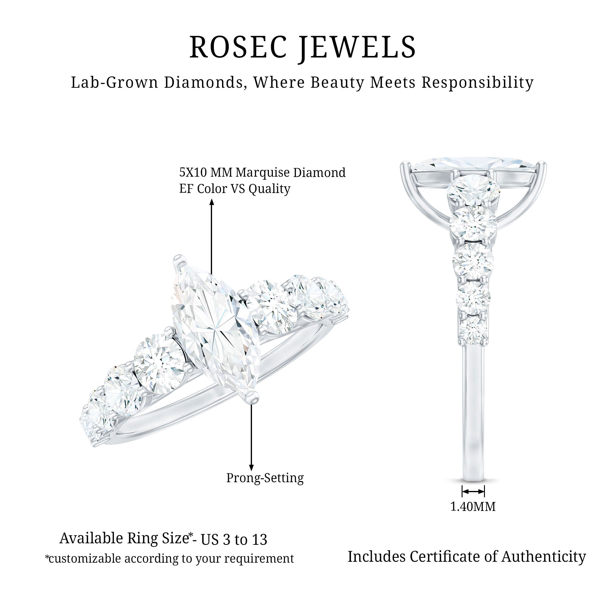 Lab Created Diamond Marquise Engagement Ring With Side Stones Lab - ( EF-VS ) - Rosec Jewels