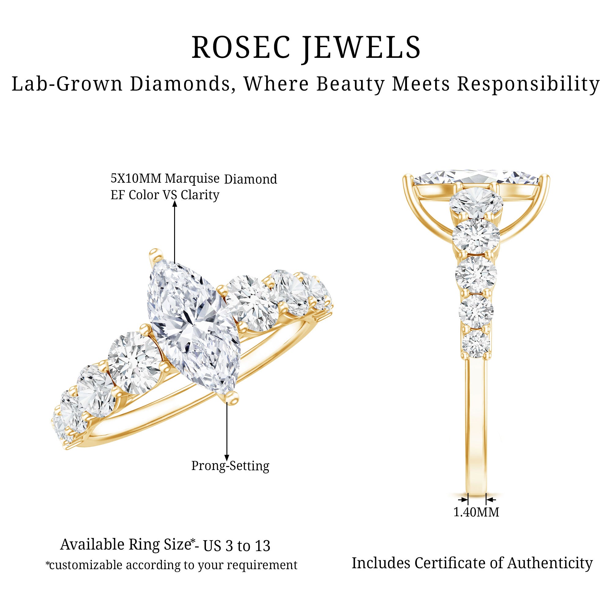 Lab Created Diamond Marquise Engagement Ring With Side Stones Lab - ( EF-VS ) - Rosec Jewels