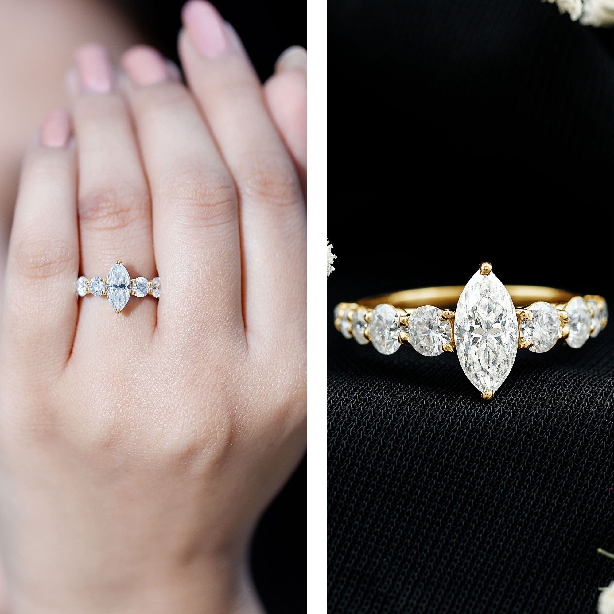 Lab Created Diamond Marquise Engagement Ring With Side Stones Lab - ( EF-VS ) - Rosec Jewels