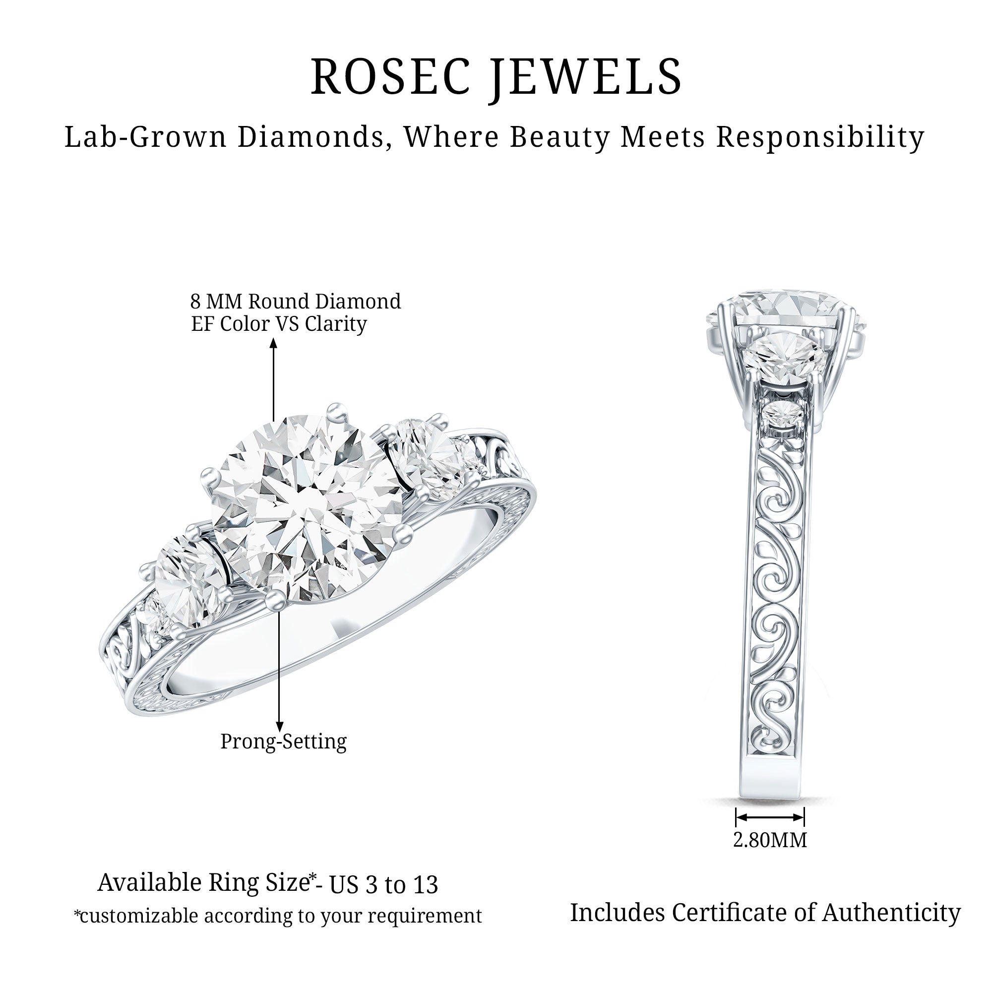 Lab Grown Diamond Vintage Style Engagement Ring Lab - ( EF-VS ) - Rosec Jewels