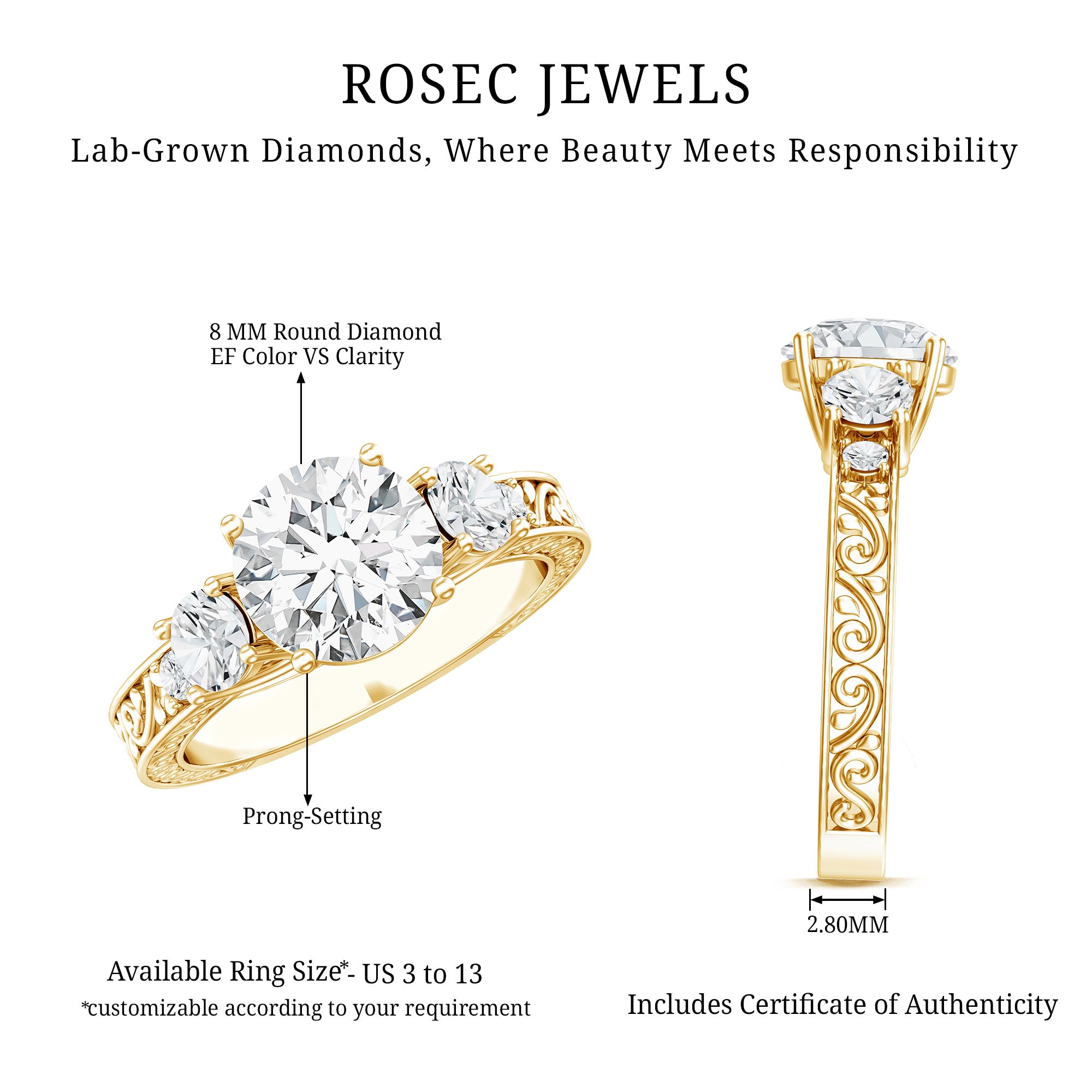 Lab Grown Diamond Vintage Style Engagement Ring Lab - ( EF-VS ) - Rosec Jewels
