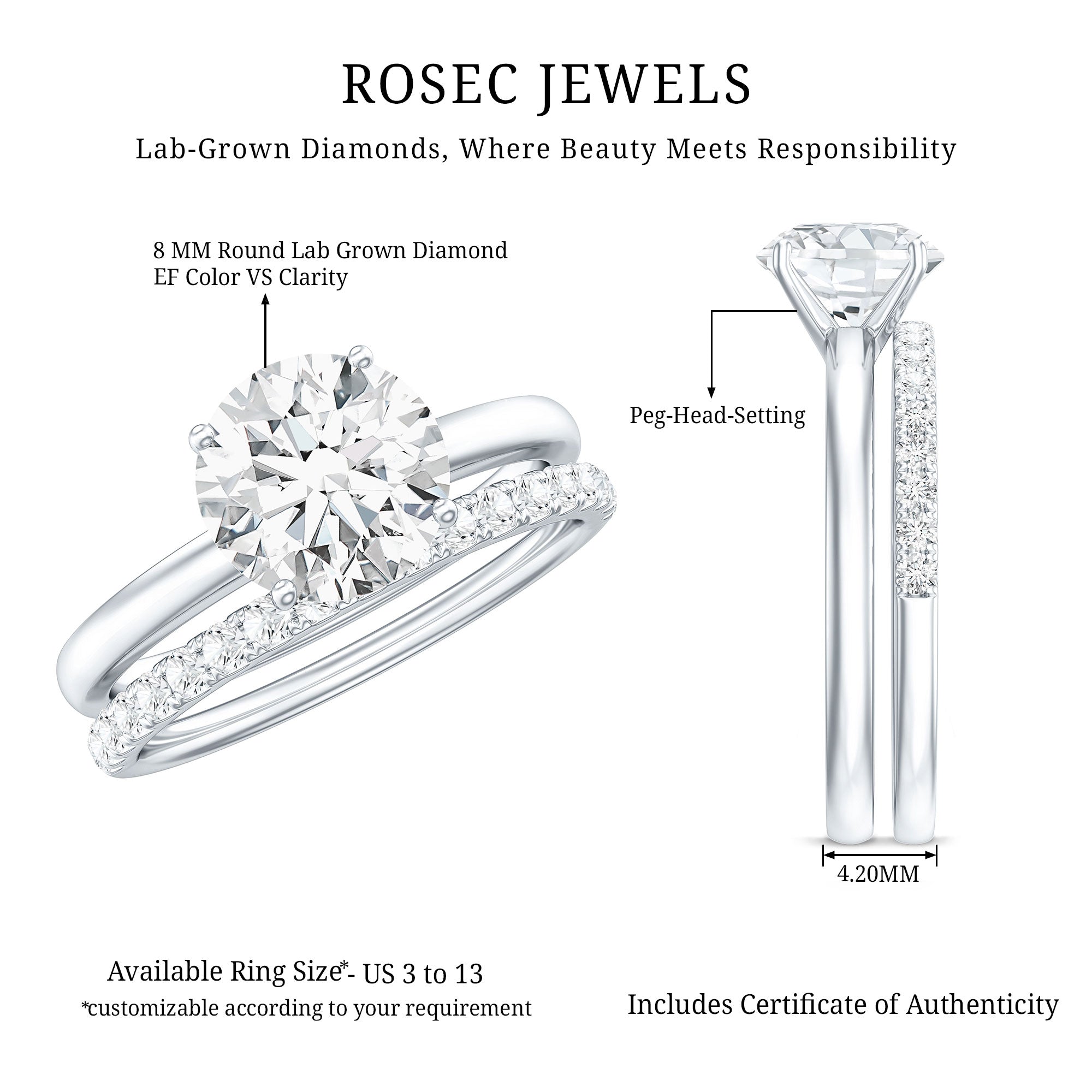 Certified 8 MM Lab Grown Diamond Solitaire Wedding Ring Set Lab - ( EF-VS ) - Rosec Jewels