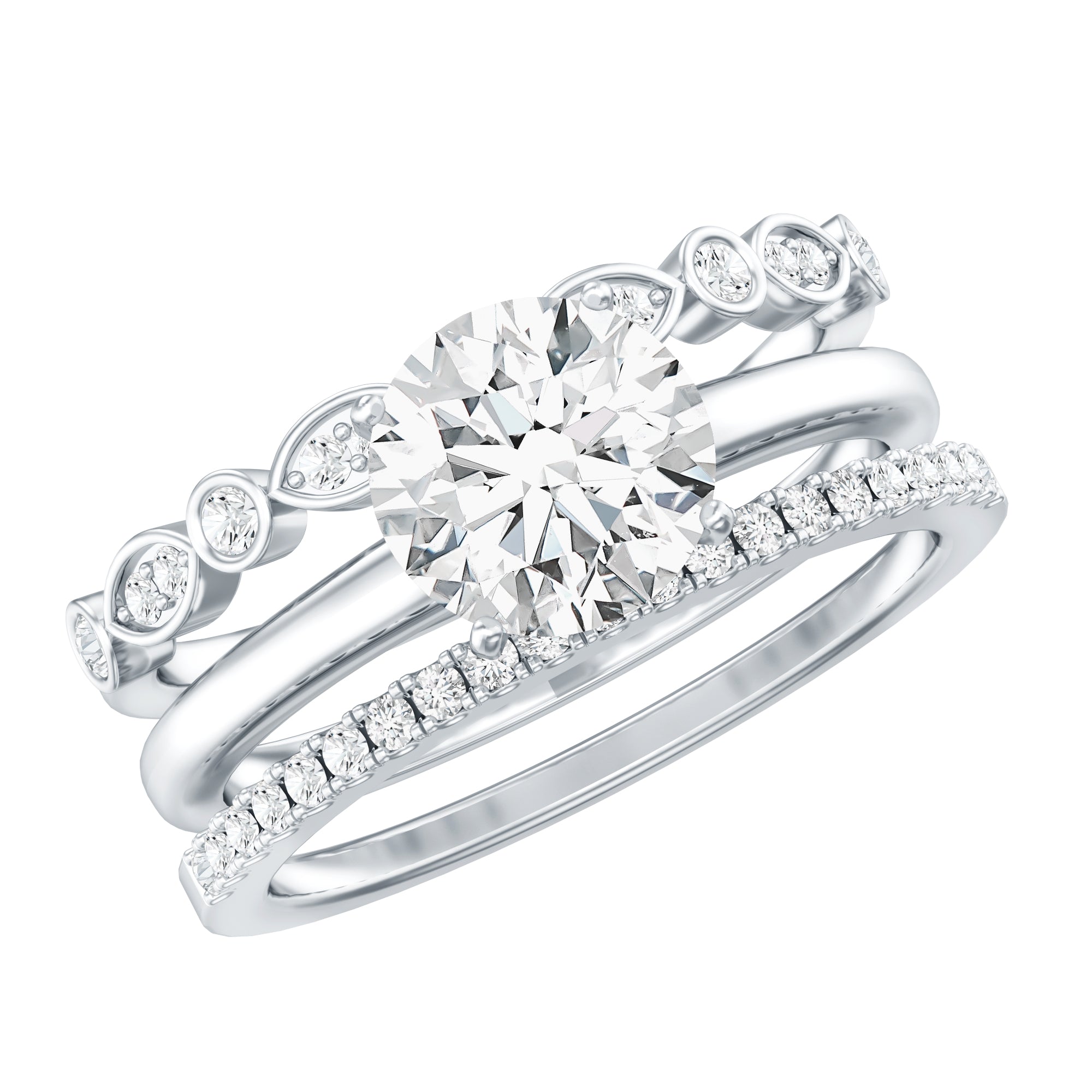 Certified Round Cut Lab Created Diamond 3 Piece Bridal Ring Set Lab - ( EF-VS ) - Rosec Jewels