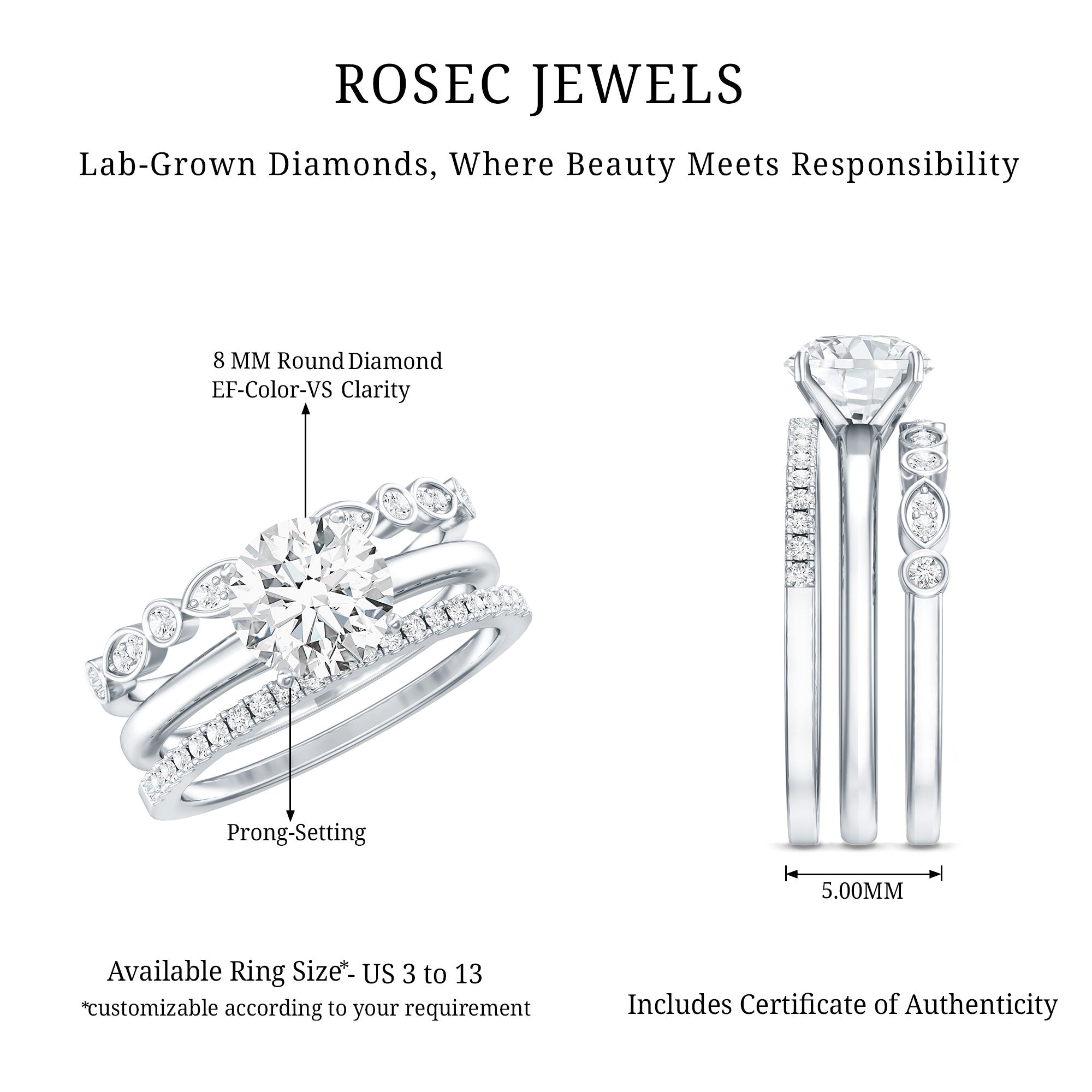 Certified Round Cut Lab Created Diamond 3 Piece Bridal Ring Set Lab - ( EF-VS ) - Rosec Jewels