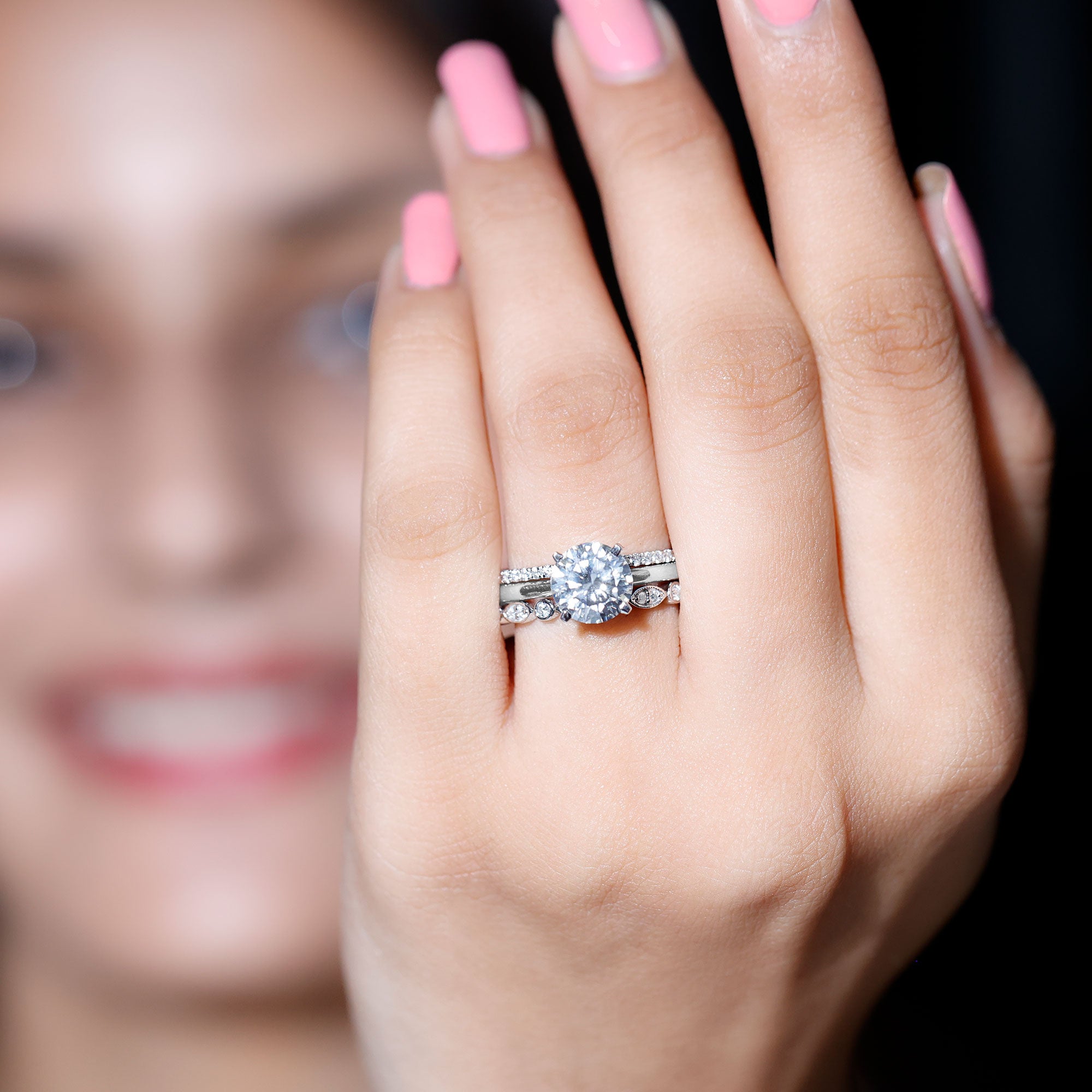 Certified Round Cut Lab Created Diamond 3 Piece Bridal Ring Set Lab - ( EF-VS ) - Rosec Jewels