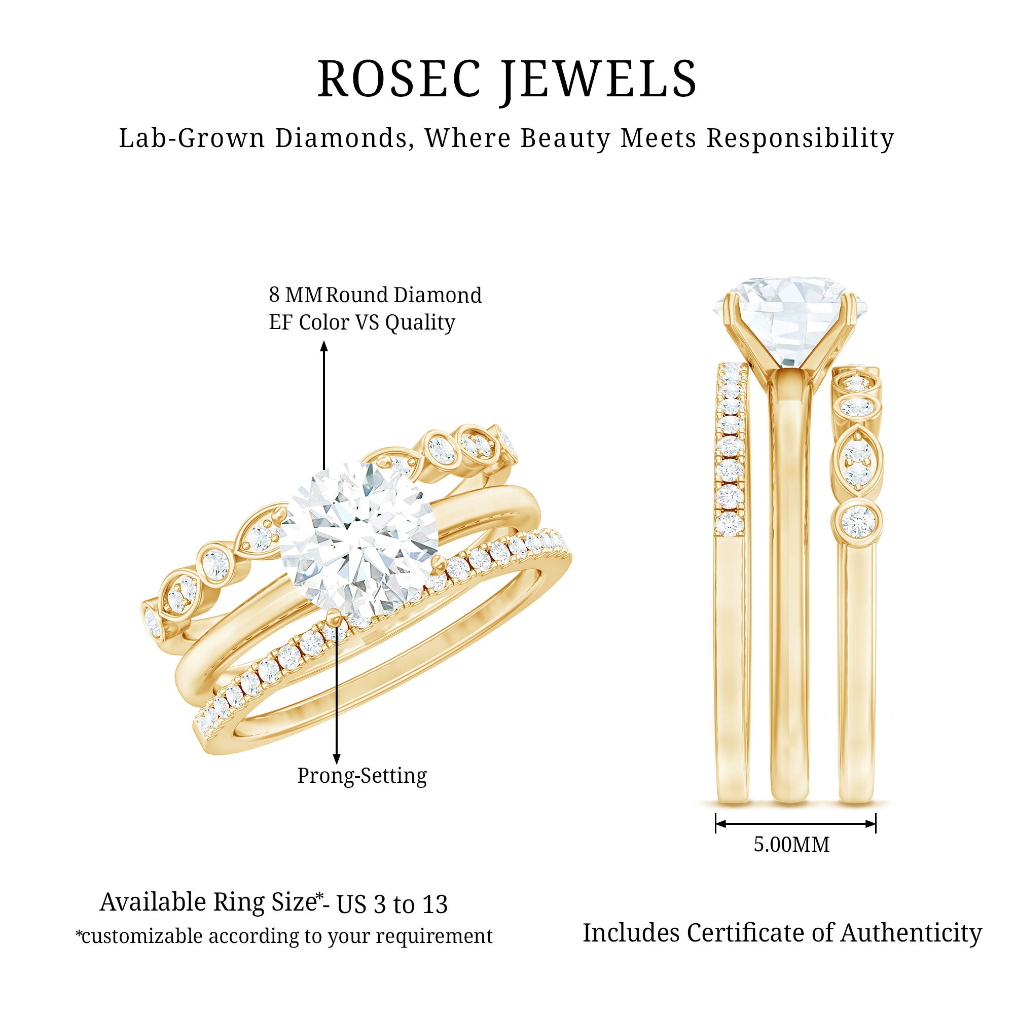 Rosec Jewels-Certified Round Cut Lab Created Diamond 3 Piece Bridal Ring Set