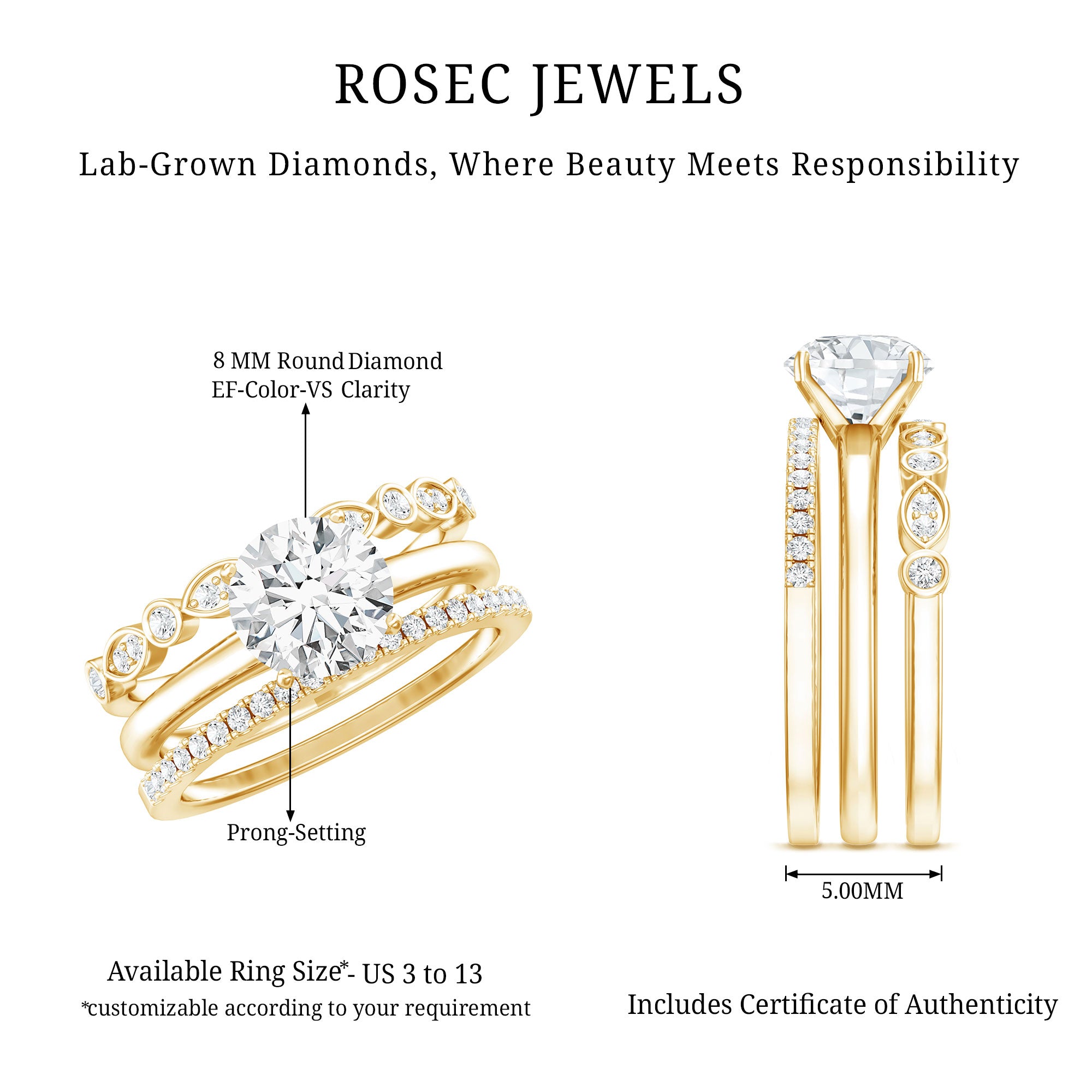 Certified Round Cut Lab Created Diamond 3 Piece Bridal Ring Set Lab - ( EF-VS ) - Rosec Jewels