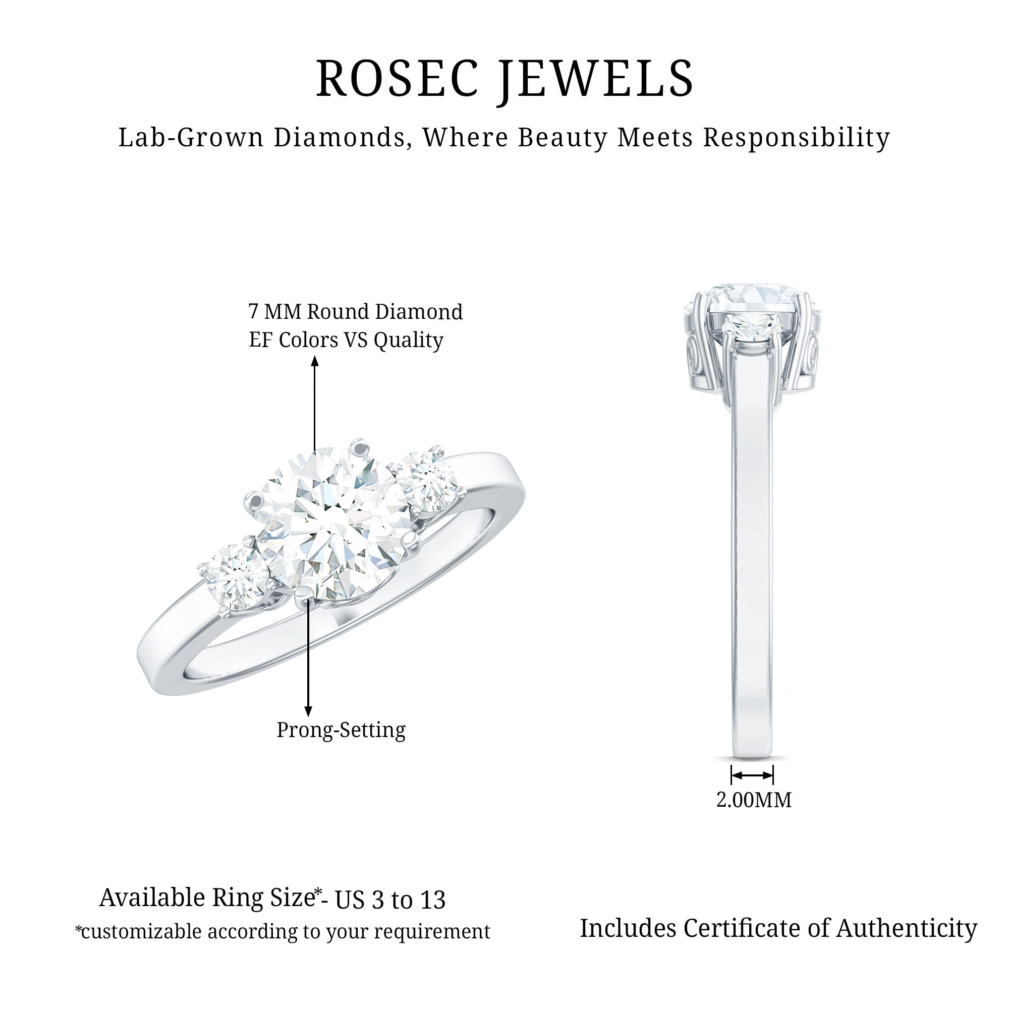 Rosec Jewels-3 Stone Lab Grown Diamond Engagement Ring for Women