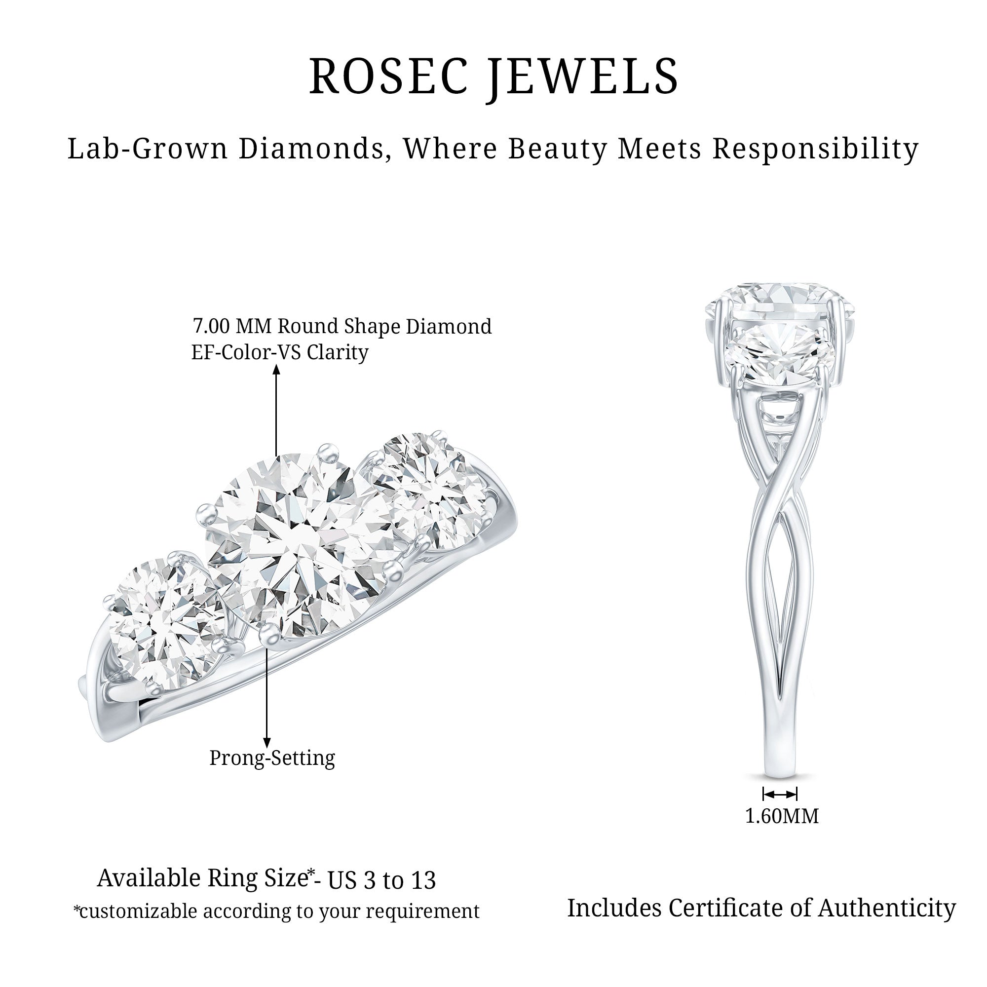 Lab Grown Diamond Three Stone Engagement Ring with Crossover Shank Lab - ( EF-VS ) - Rosec Jewels