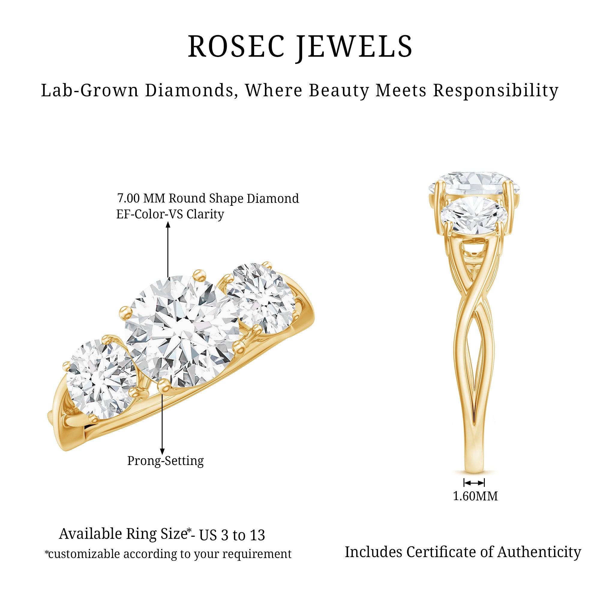 Lab Grown Diamond Three Stone Engagement Ring with Crossover Shank Lab - ( EF-VS ) - Rosec Jewels