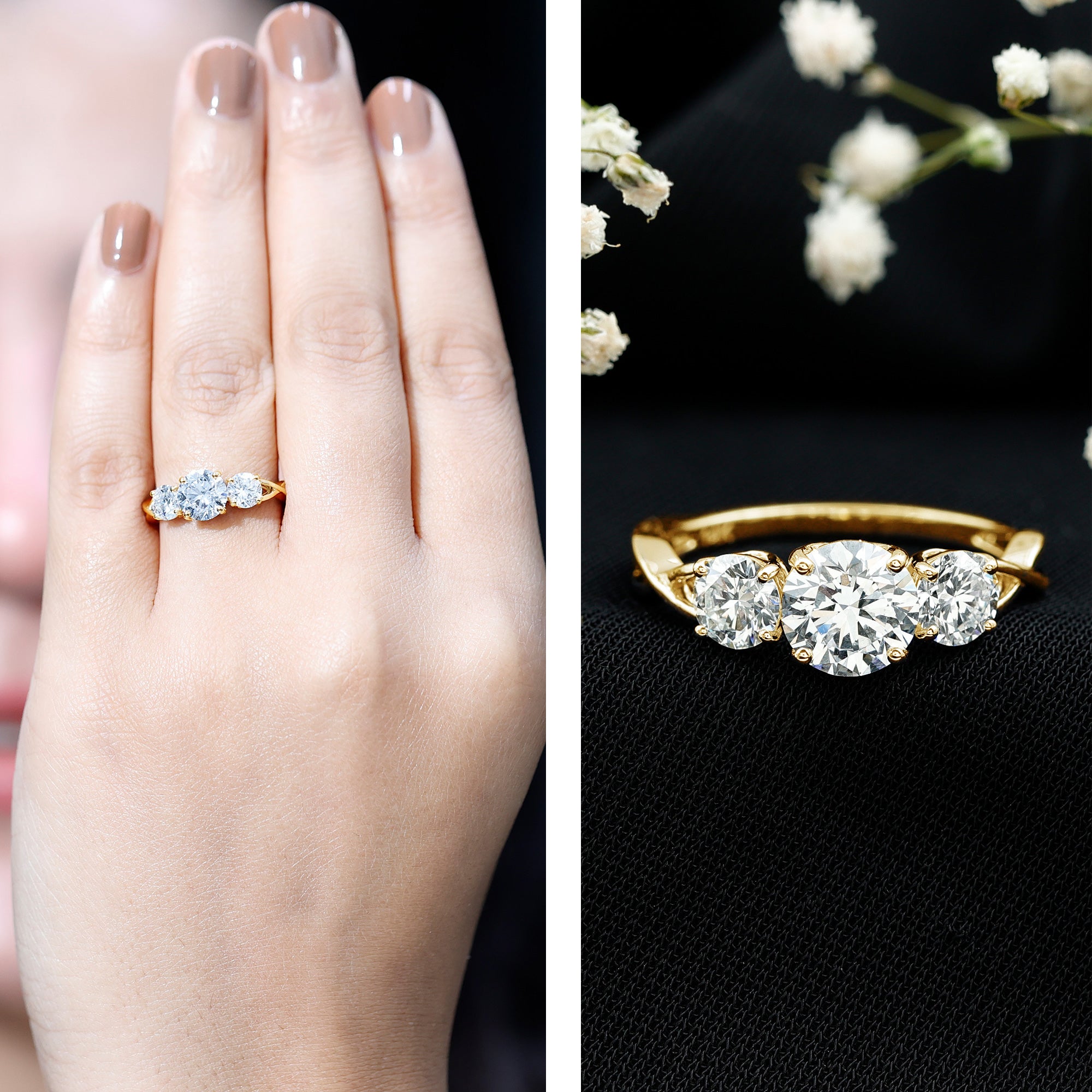 Lab Grown Diamond Three Stone Engagement Ring with Crossover Shank Lab - ( EF-VS ) - Rosec Jewels