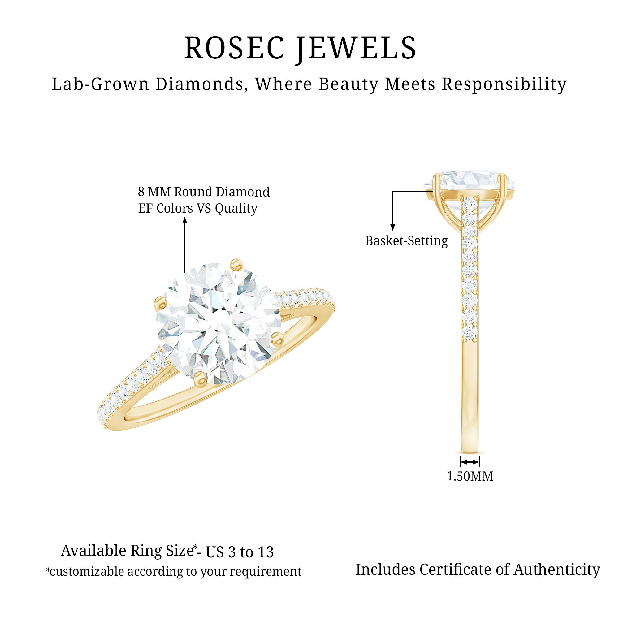 Rosec Jewels-Solitaire Lab Grown Diamond Ring with Side Stones for Women