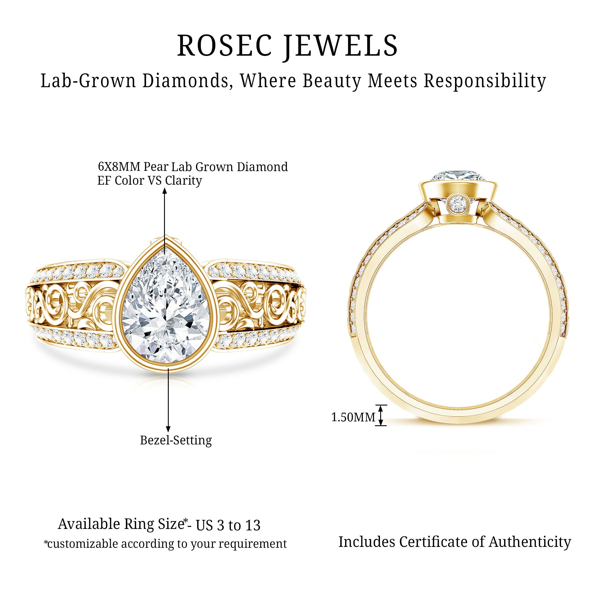 Certified Lab Created Diamond Antique Engagement Ring for Women Lab - ( EF-VS ) - Rosec Jewels