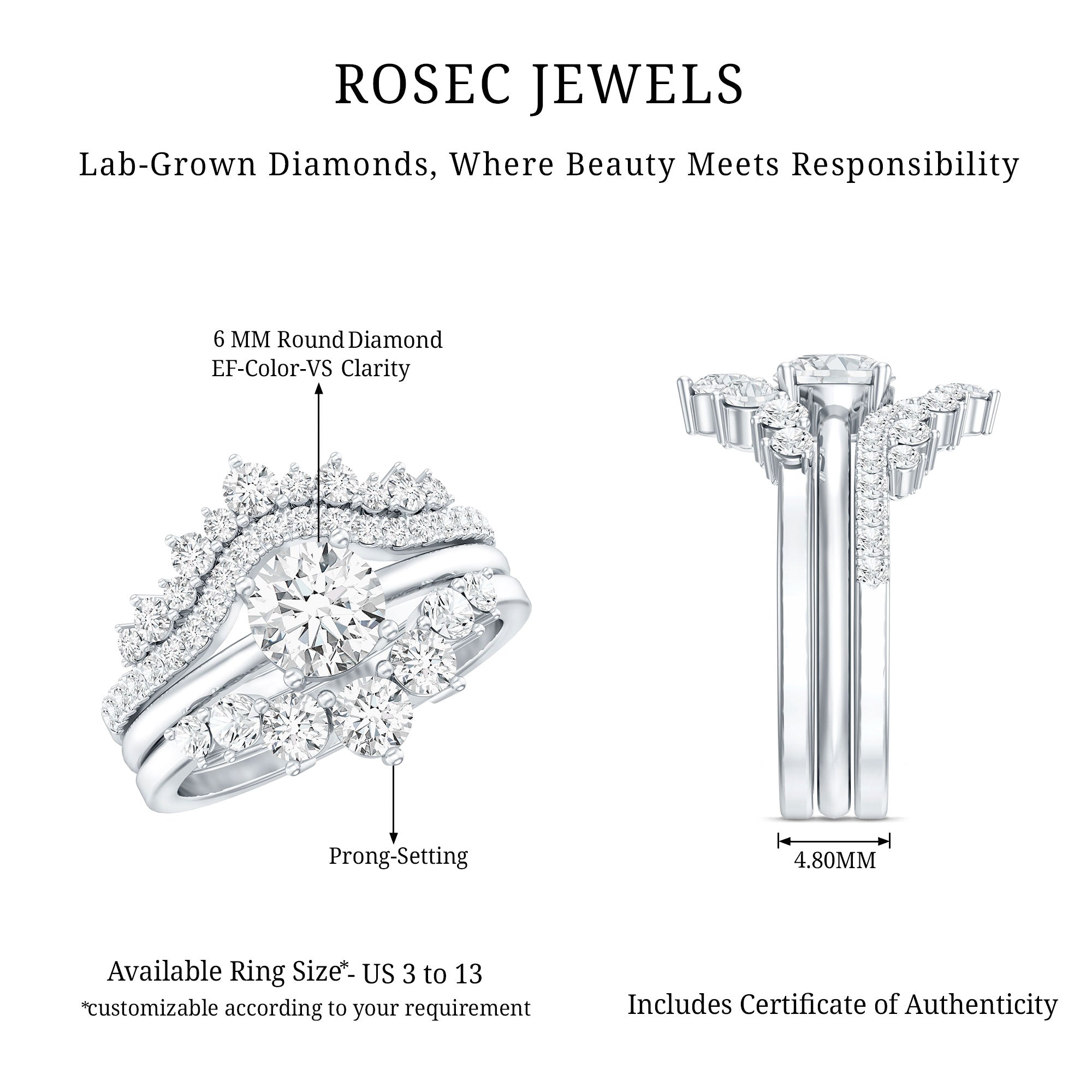 Lab Grown Diamond Vintage Bridal Ring Set with 3 Piece Lab - ( EF-VS ) - Rosec Jewels
