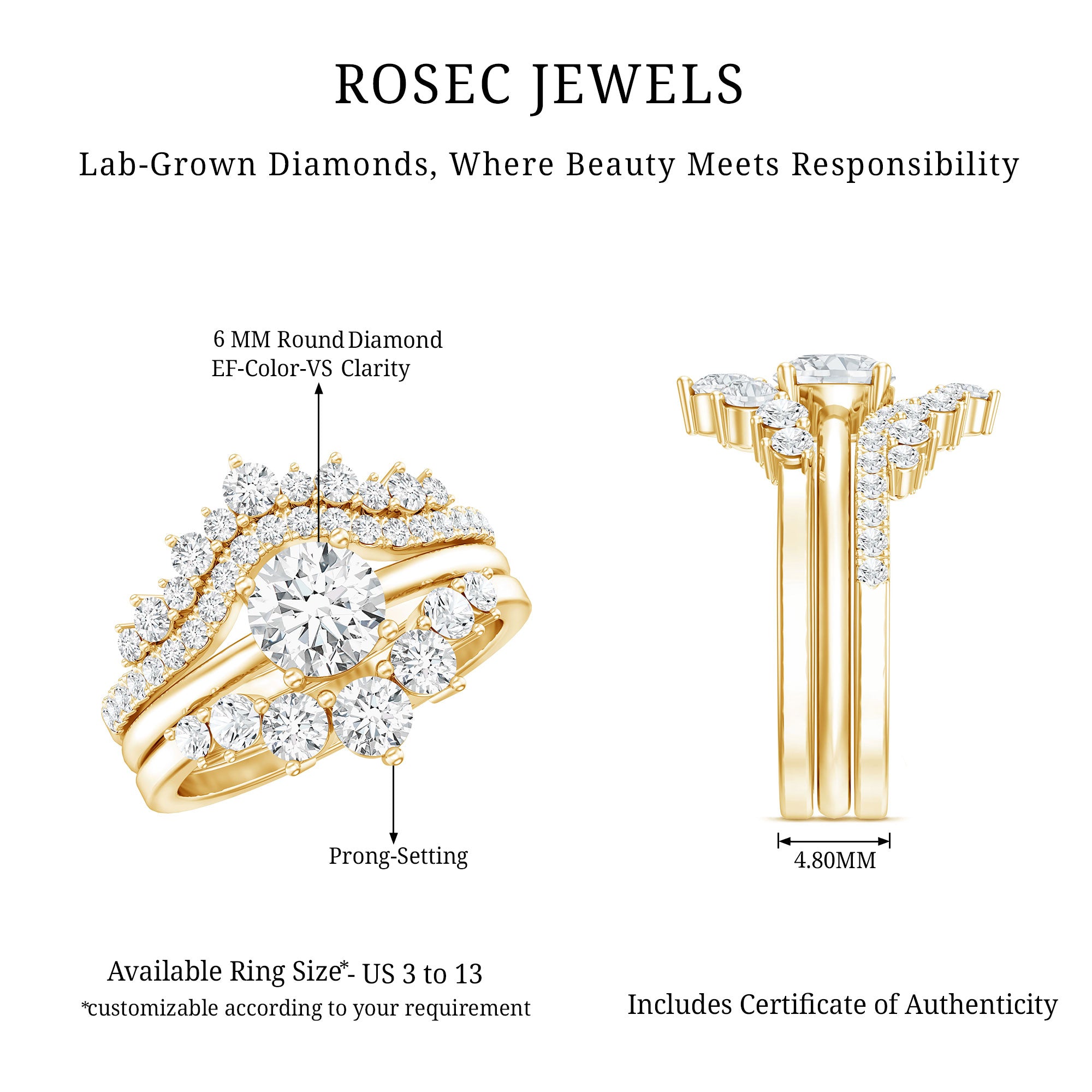 Lab Grown Diamond Vintage Bridal Ring Set with 3 Piece Lab - ( EF-VS ) - Rosec Jewels