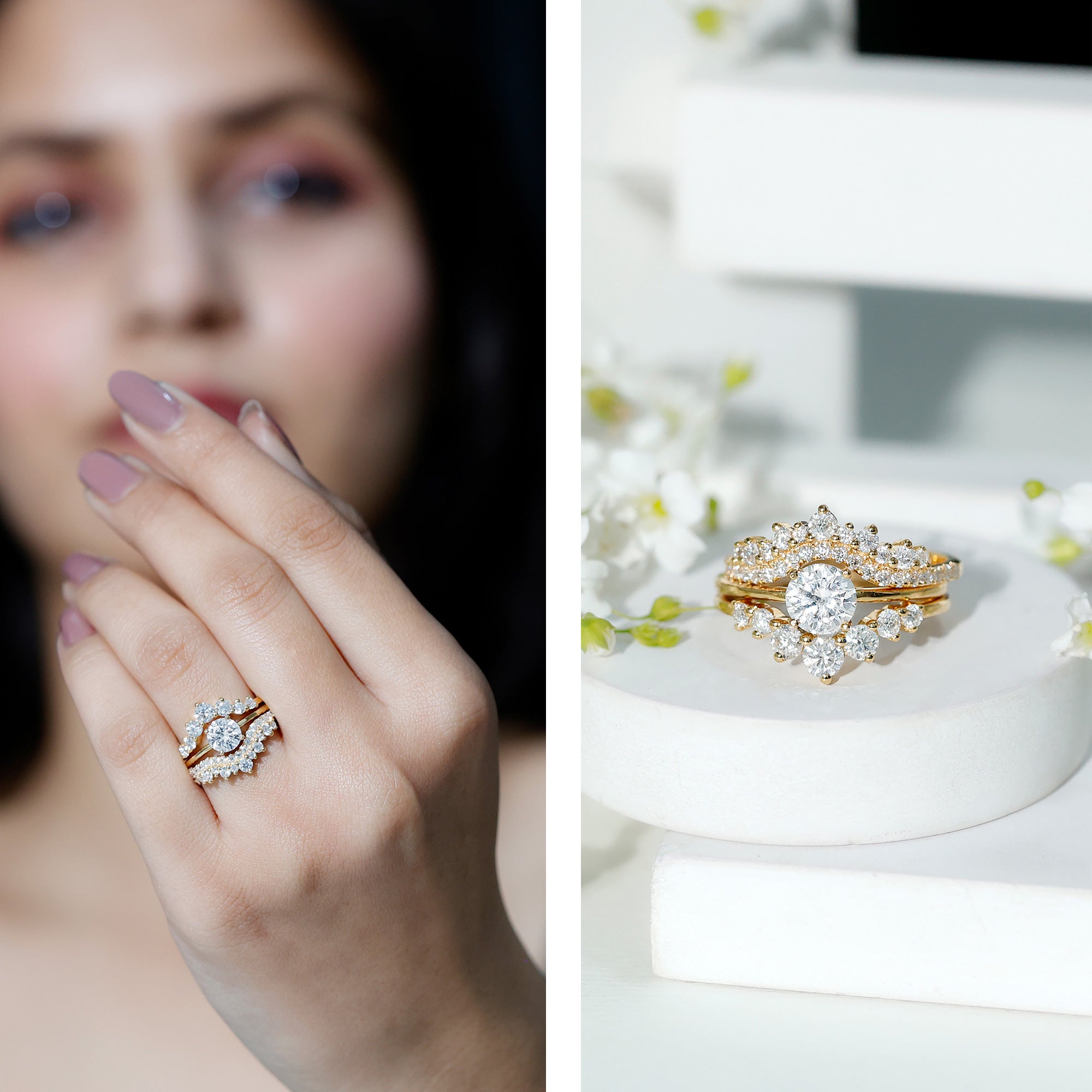 Lab Grown Diamond Vintage Bridal Ring Set with 3 Piece Lab - ( EF-VS ) - Rosec Jewels